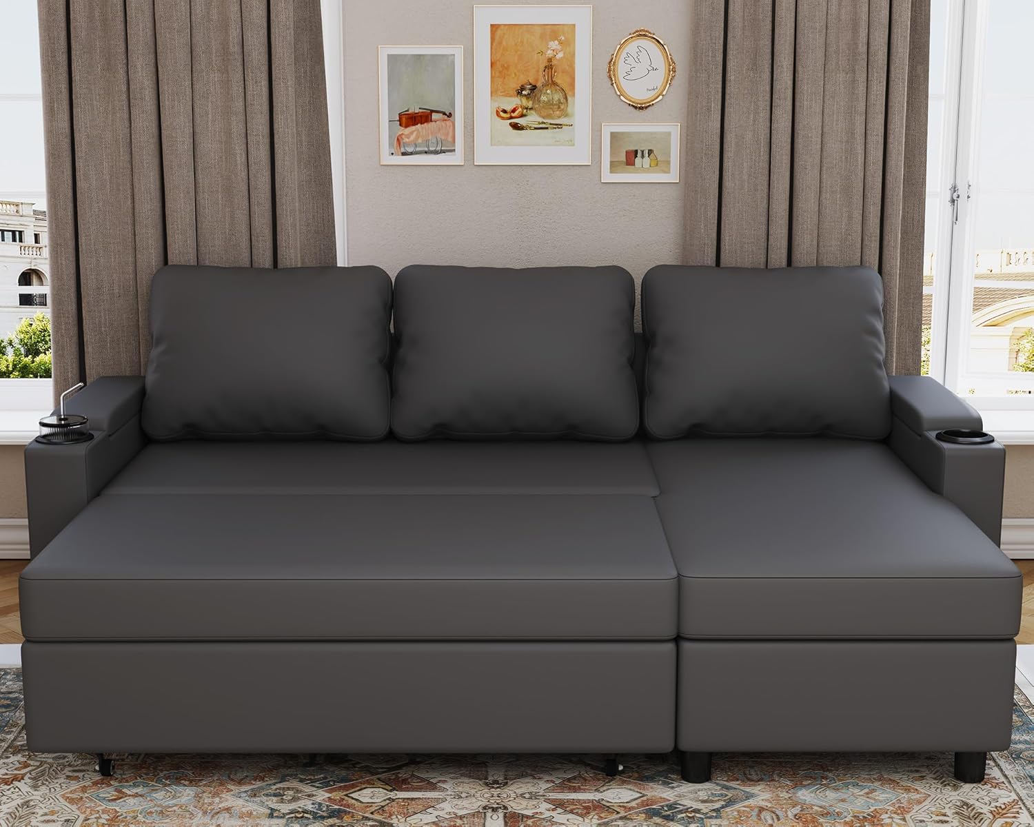 Devoko Ecksofa mit Schlaffunktion und Bettkasten L-Form Sofa 3-Sitzer Ausziehbares Schlafsofa Leder Couch Kleines Schlafcouch für Wohnung und Wohnzimmer, Schwarz