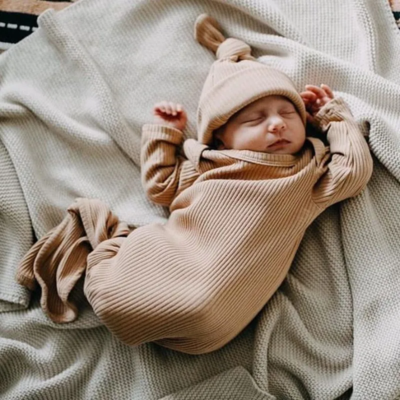 Newborn Ribbed Long Sleeve Knotted Gown with Cap