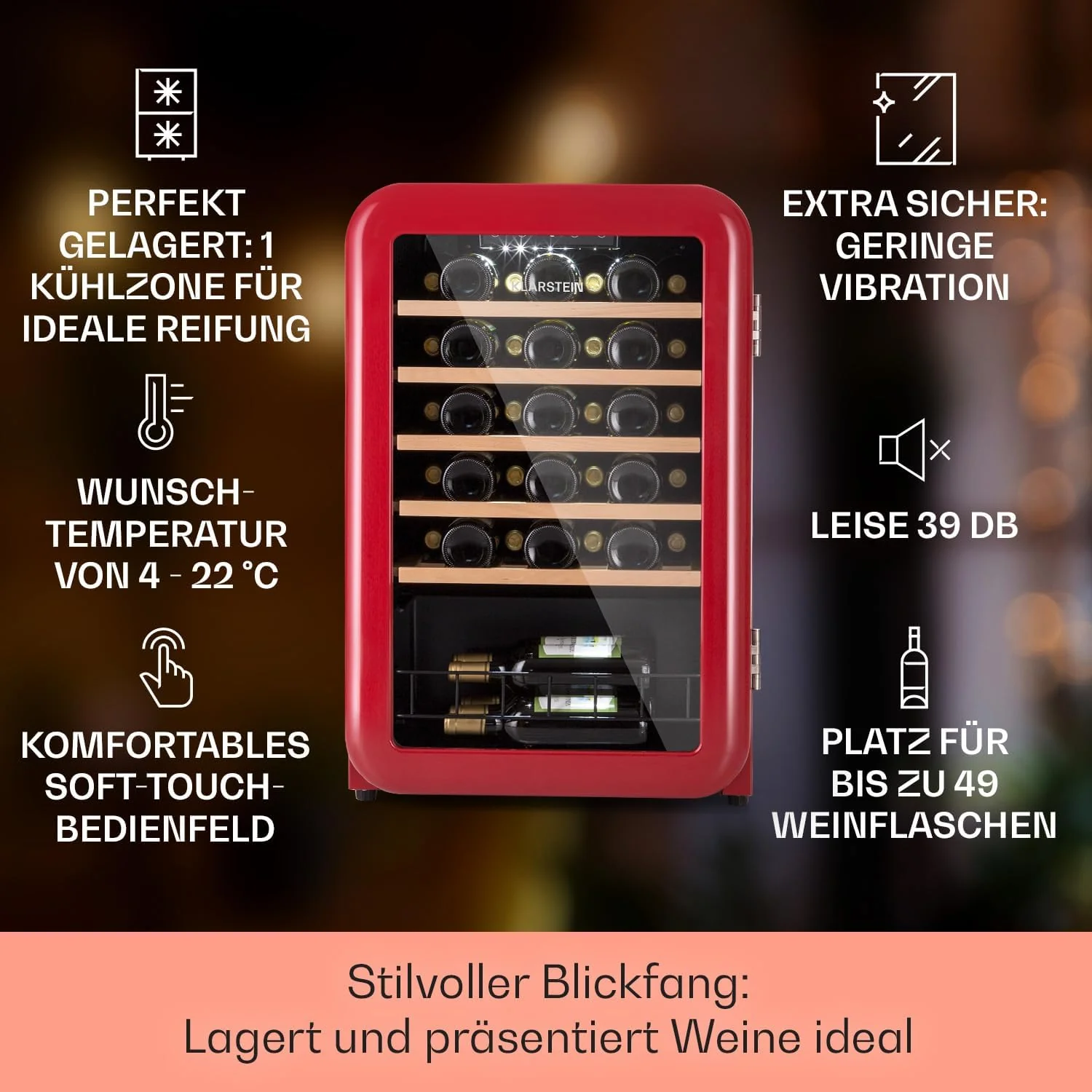 Klarstein Weink��hlschrank, Getr?nkek��hlschrank Schmal, K��hlschrank mit Glast��r, Getr?nkek��hlschr?nke Freistehend, Weink��hlschrank Klein, Weink��hlschr?nke 1 Zone, UV-Schutz, 4-22 ��C, 19 Flaschen