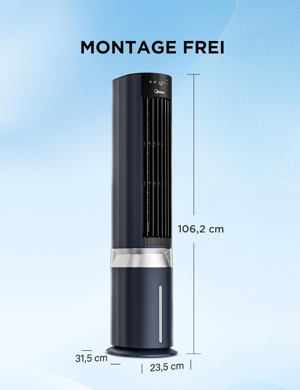 Midea Sensicool Luftkühler mit 7L Wasserkühlung | Mobile Klimaanlage ohne Abluftschlauch | Ventilator mit Wasserkühlung | 2000m³/h Verdunstungskühler, 6 Geschwindigkeiten, Touch-Display (Blau)