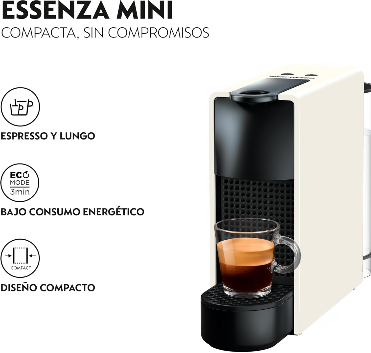 Nespresso Krups Essenza Mini XN1101 - Cafetera monodosis de cápsulas Nespresso, compacta, 19 bares, apagado automático, color blanco (Pack Cápsulas bienvenida incluido)