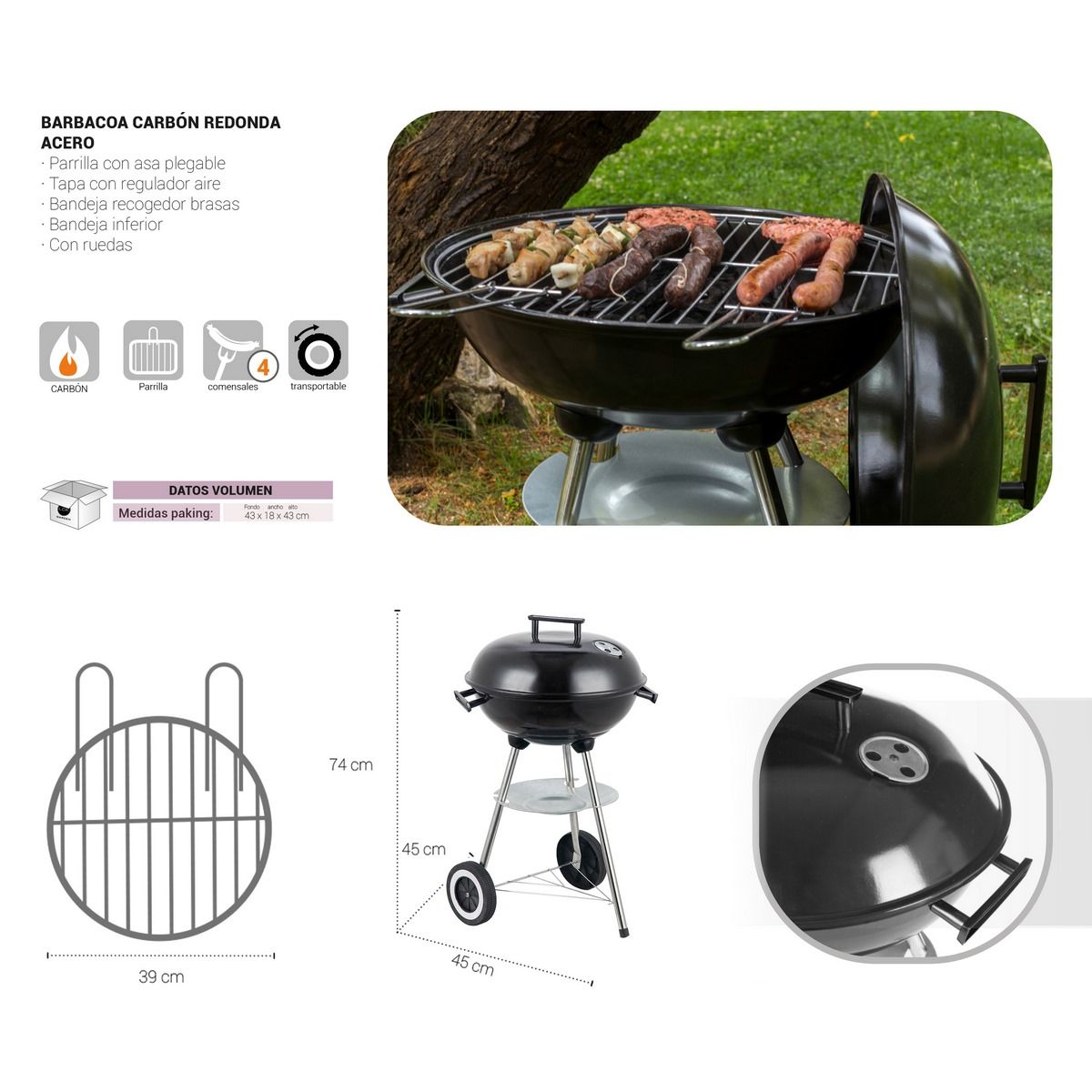 Grill węglowy Lolahome ze stalowym rusztem, 74x45x41 cm, czarny
