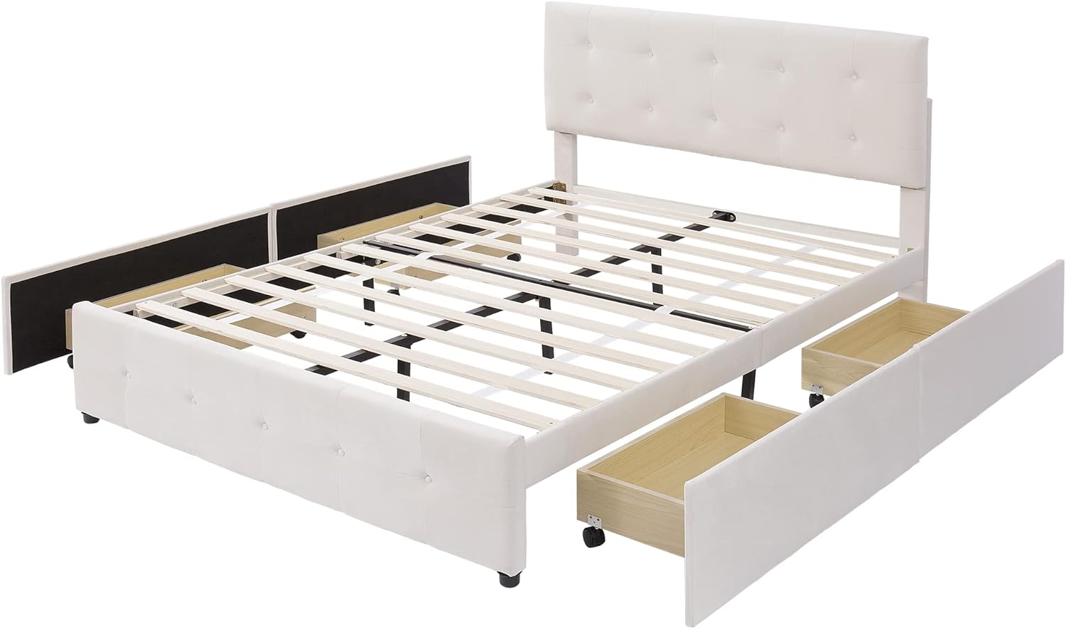Polsterbett Doppelbett 140x200 cm, Bett mit 4 Stauraum Schubladen und Kopfteil, Bettgestell mit Lattenrost und Metallrahmen, Samt, Beige, Ohne Matratze