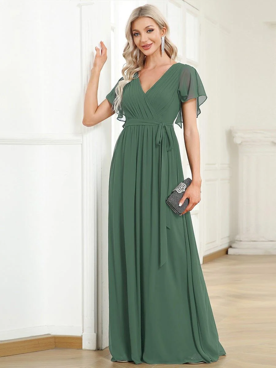 Abendkleid Damen Maxi A-Linie aus Chiffon | Festliches Kleid f��r Hochzeitsg?ste mit V-Ausschnitt und Fl��gel?rmeln