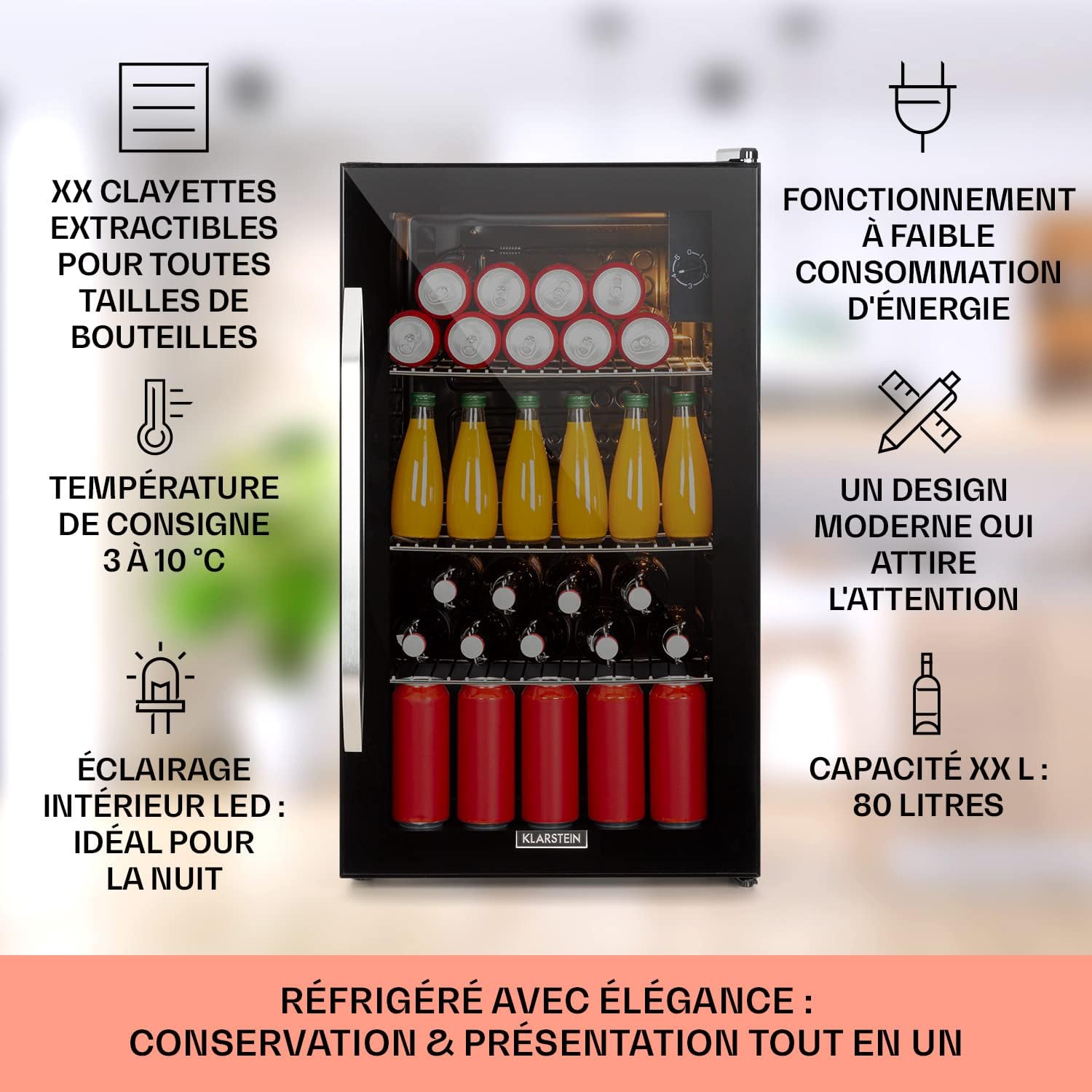KLARSTEIN Mini Frigo de Chambre et Bureau pour Boisson, Silencieux, Refrigerateur Mini Bar 80L, Pour Camping, Étagères Réglables, Ondulés pour le Vin, Cannette, Beer Fridge