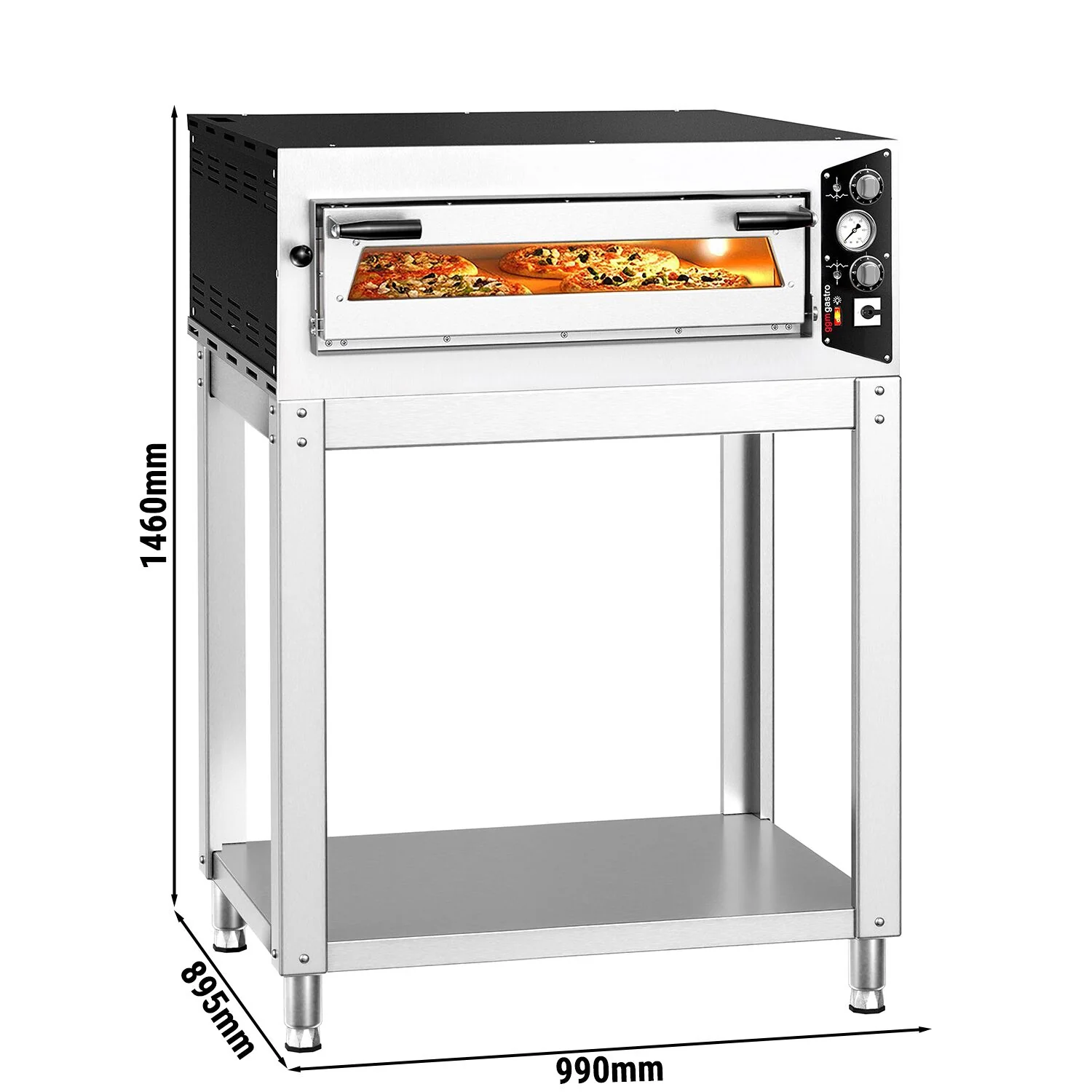 Elektrisk pizzaovn (steinbunn, sjamott) - 990x895 mm - 4x ? 35 cm - opptil 450 ��C - manuell - stabelbar - inkl. understell