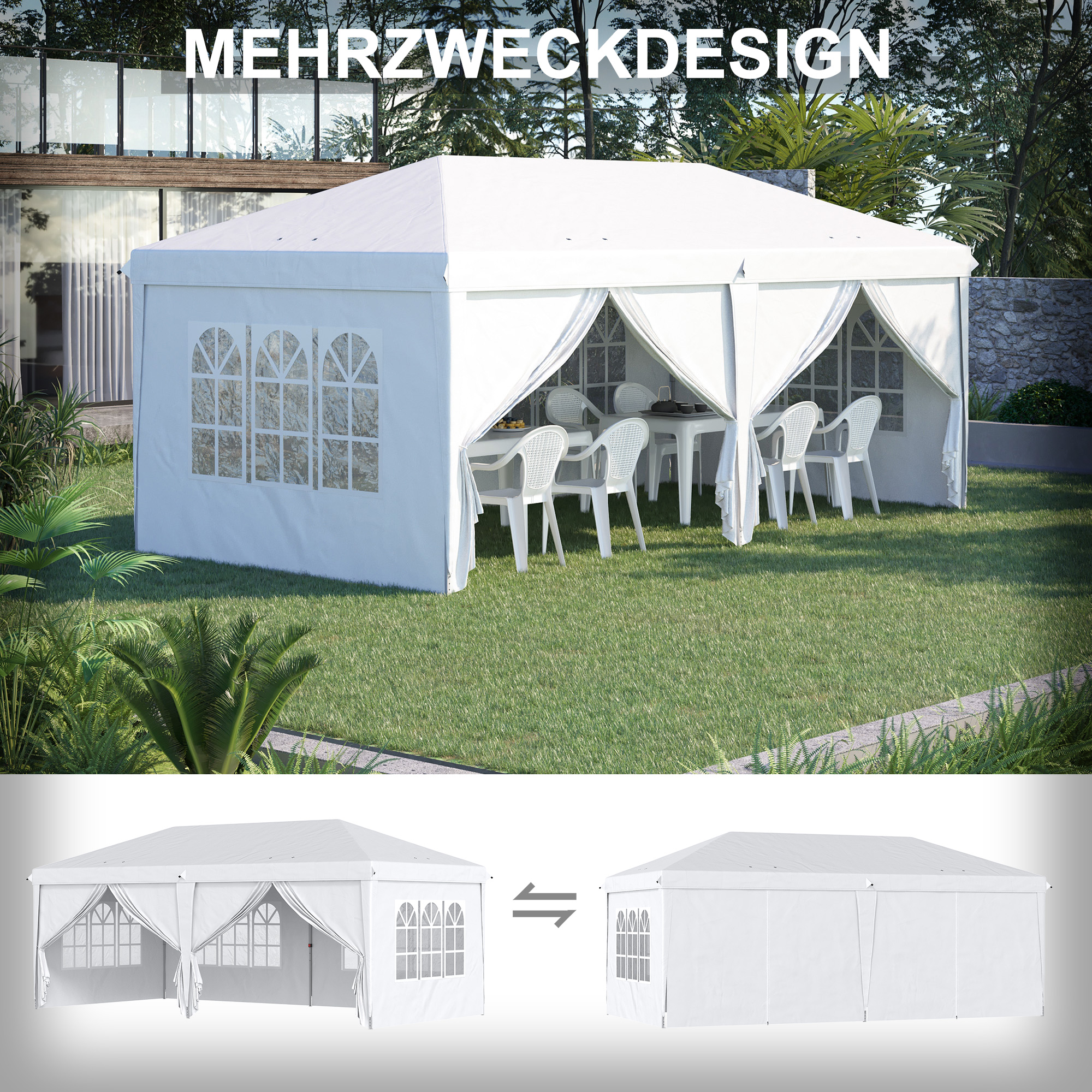 Outsunny Vouwtent van 6 x 3 m, verwijderbare zijwanden, grote ramen, deuren met ritssluiting, stalen frame, wit