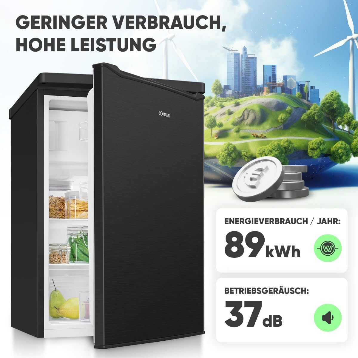 Bomann® Kühlschrank mit Gefrierfach | 109 Liter | energieeffizient, leise & kompakt | 2 Ablagen, Obst- & Gemüsefach | 4-Sterne-Gefrierfach | Türanschlag wechselbar | KS 7251 schwarz