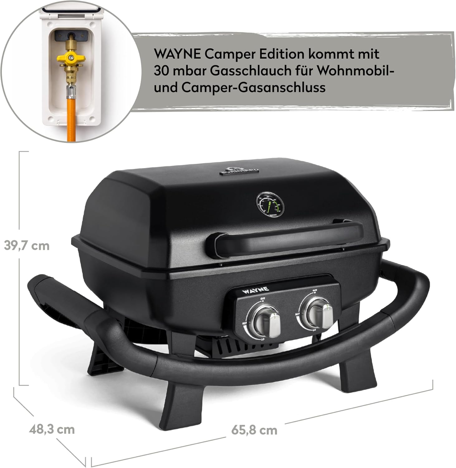 BURNHARD WAYNE 2-Brenner Balkongrill – Tragbarer Gasgrill mit 4,4 kW, 2 Grillzonen, bis 390 °C, Gusseisenroste & Abdeckhaube - Camper Edition