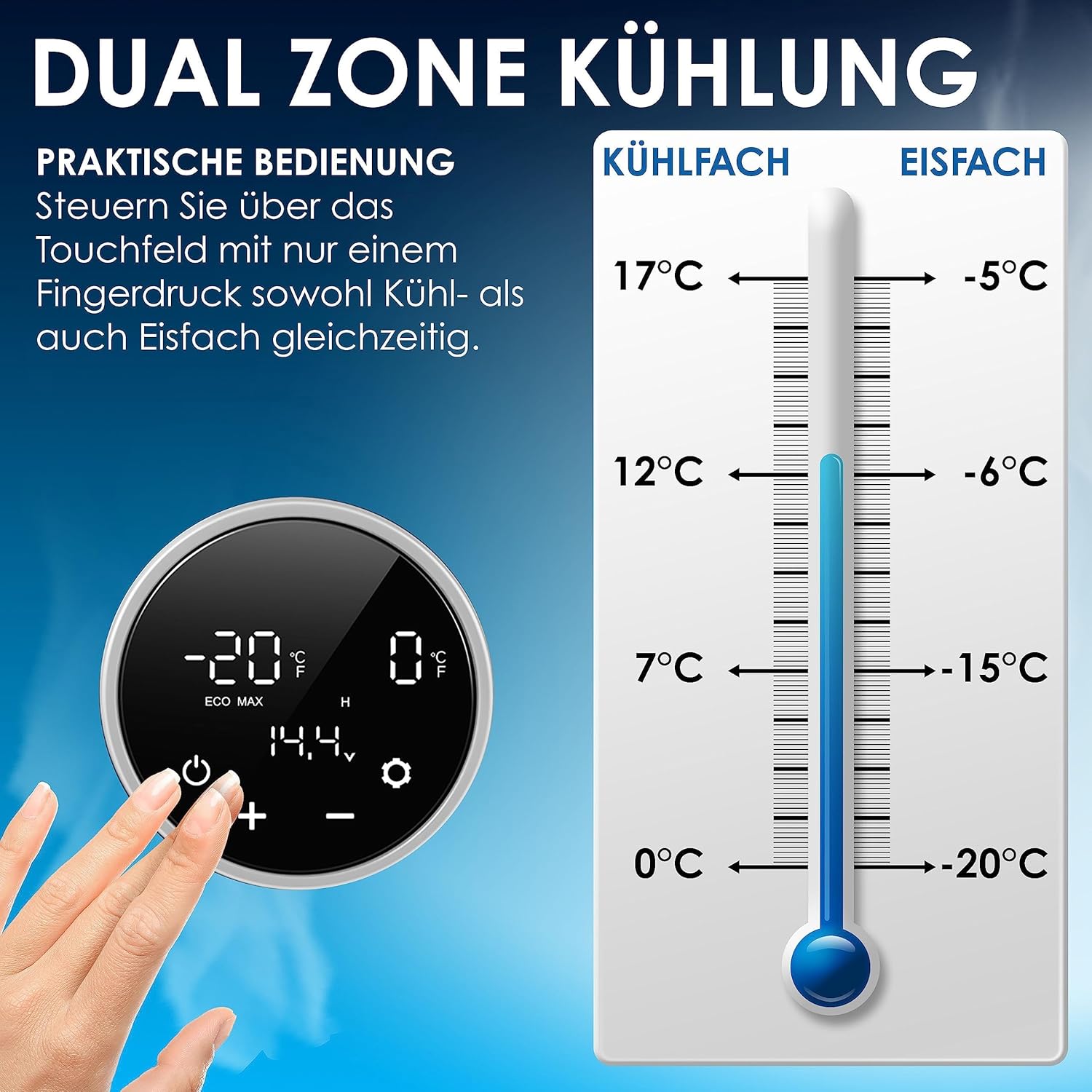 KESSER Kompressor Kühlbox 2in1 Doppelzone Kühl & Gefrierfach elektrische Gefrierbox mit 2x Kühlakkus & LED-Touch-Bedienung | Kühlschrank Kühlung bis -20 °C für Camping, Auto, Lkw 12/24V 230V