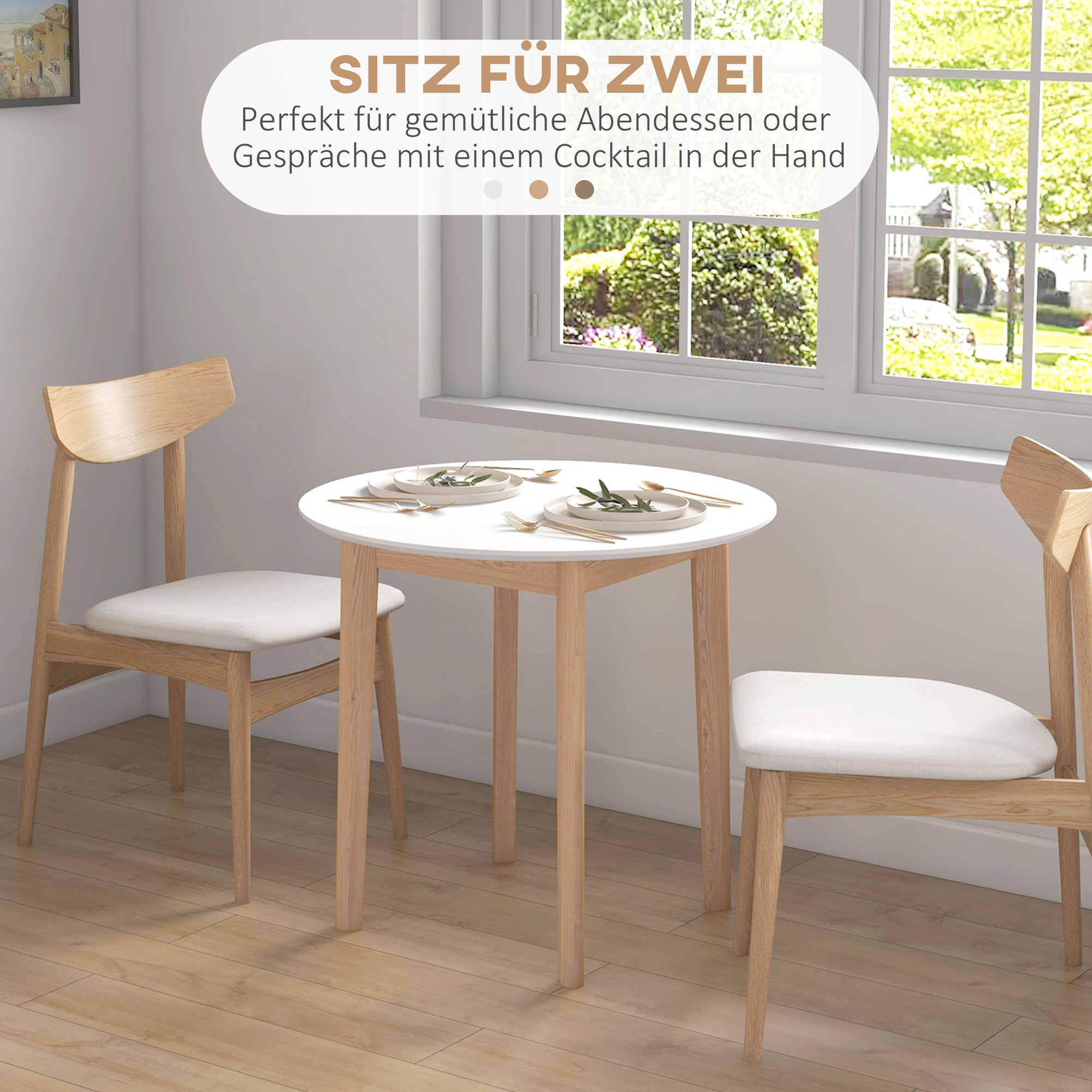 Eettafel Keukentafel Ronde Tafel, Scandinavisch Design, 75 cm x 75 cm x 76 cm, Wit + Natuur