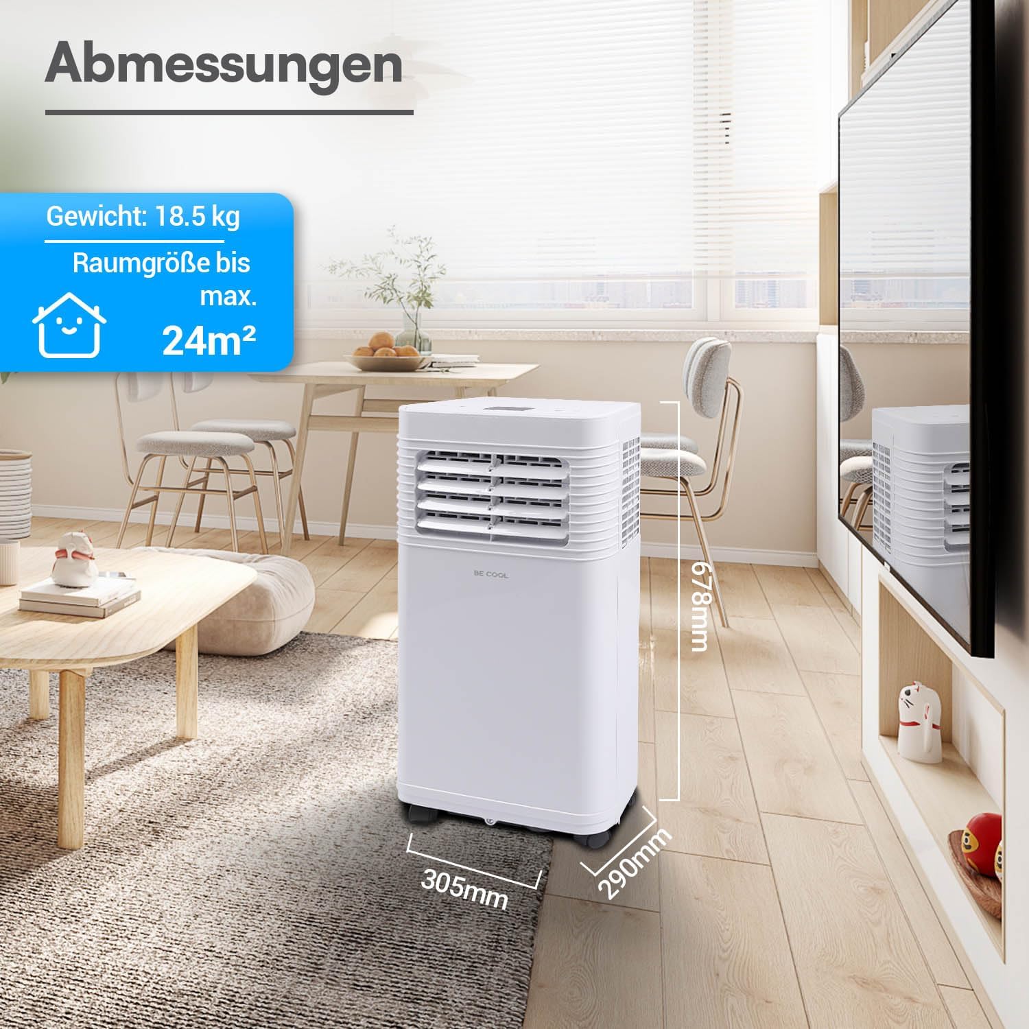 BE COOL Mobiles Klimagerät 7000 BTU mit WLAN, 3in1 Klimaanlage zum Kühlen, Entfeuchten & Lüften, für Räume bis 24 m², Fernbedienung, Timer, Schlafmodus, Energieklasse A, Weiß