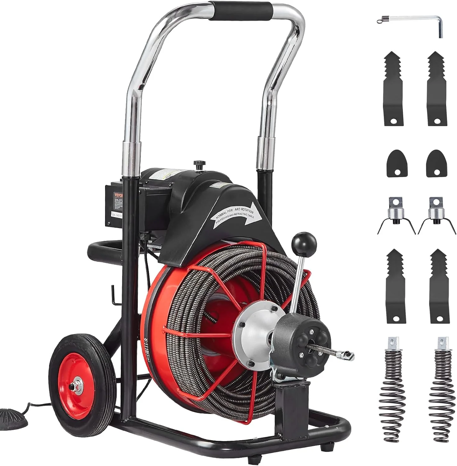 Drain Cleaner Machine 100FT x 1/2 Inch. Auto Feed Sewer Snake Auger on Wheels. 550W Portable Drain Cleaning Machine with 8 Cutters & Air-activated Foot Switch for 2 to 4 Pipes