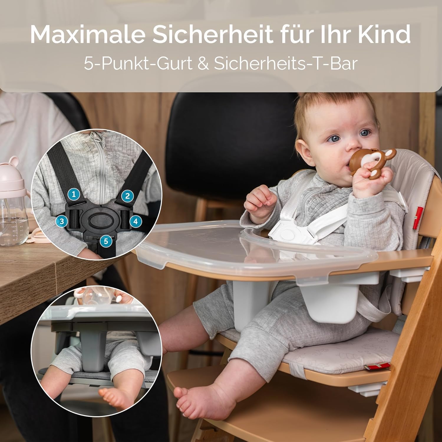 Holzhochstuhl Drömmer Unique bis 75kg Mitwachsender Faltbarer Hochstuhl aus Buche für Kinder mit Sitzkissen 5 Punkt Gurt zusätzliche Ablage Schrittgurt 9 Höhenverstellungen Schutzbügel Grau