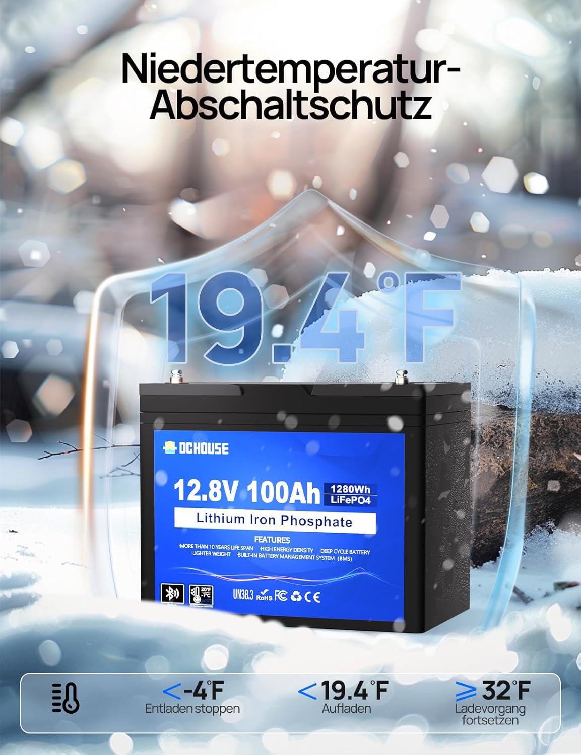 DCHOUSE 12V 100AH LiFePO4 Bluetooth Lithium Batterie,mit 10A Batterie Ladegeräte,100A BMS Niedertemperaturschutz,1280Wh Autobatterie für Trolling-Motor,Wohnmobil,Wohnwagen,Solaranlage