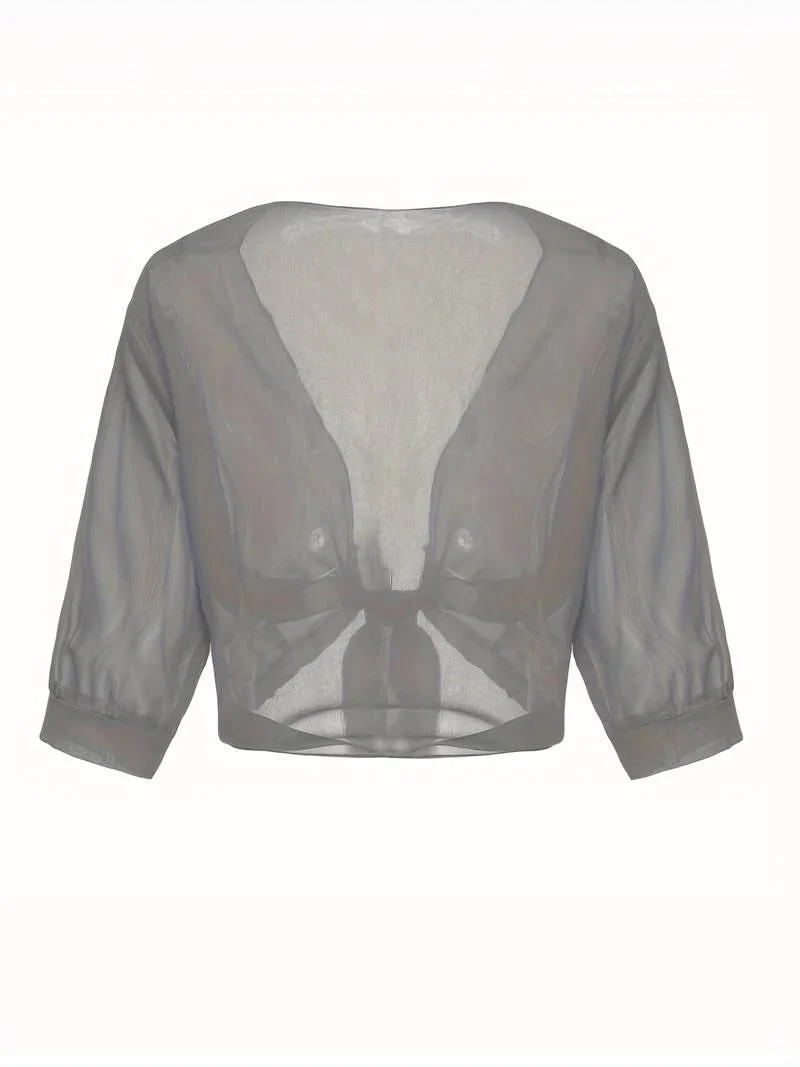 Transparente Damen-Bluse mit Bindeknoten und 3/4-?rmeln