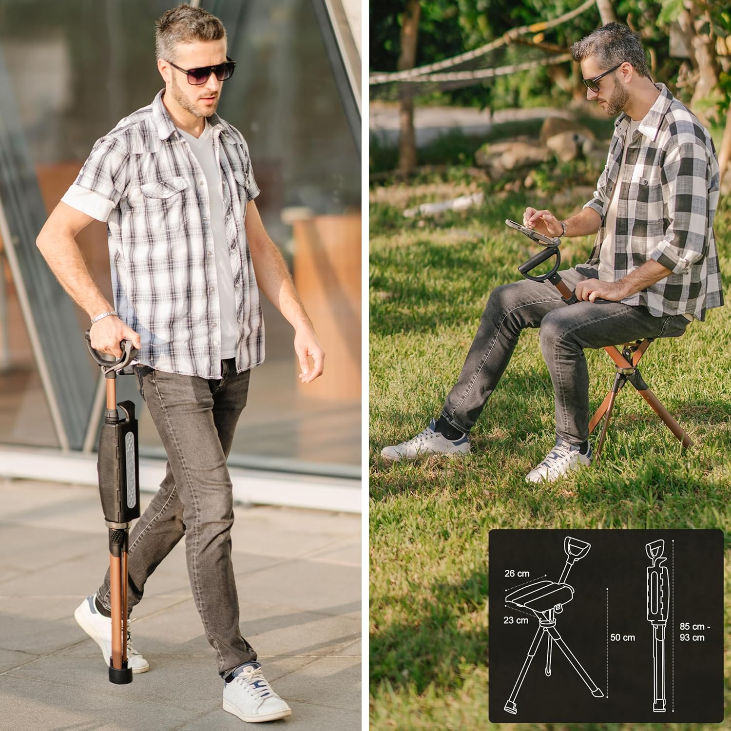 Ta-Da Chair Serie 2 PRO MAX - Gehstock mit Sitz, leichter Aluminiumrahmen & robuster Klapphocker (bis 182 kg), faltbares Design, ideal für Wanderungen und Outdoor-Aktivitäten, höhenverstellbar