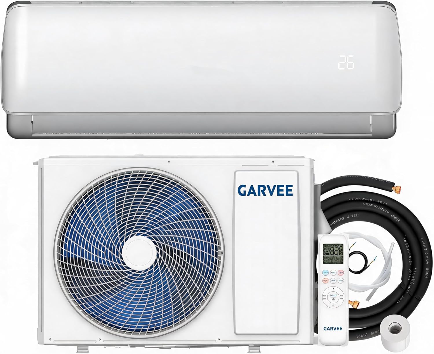 Garvee Klimaanlage Split mit App-Steuerung, 9000 BTU/h Kühlleistung (2600W), sehr leiser Betrieb, Energieeffizienz A++, inkl. Fernbedienung, Timer, Kältemittel R32, komplett mit Montagematerial, weiß