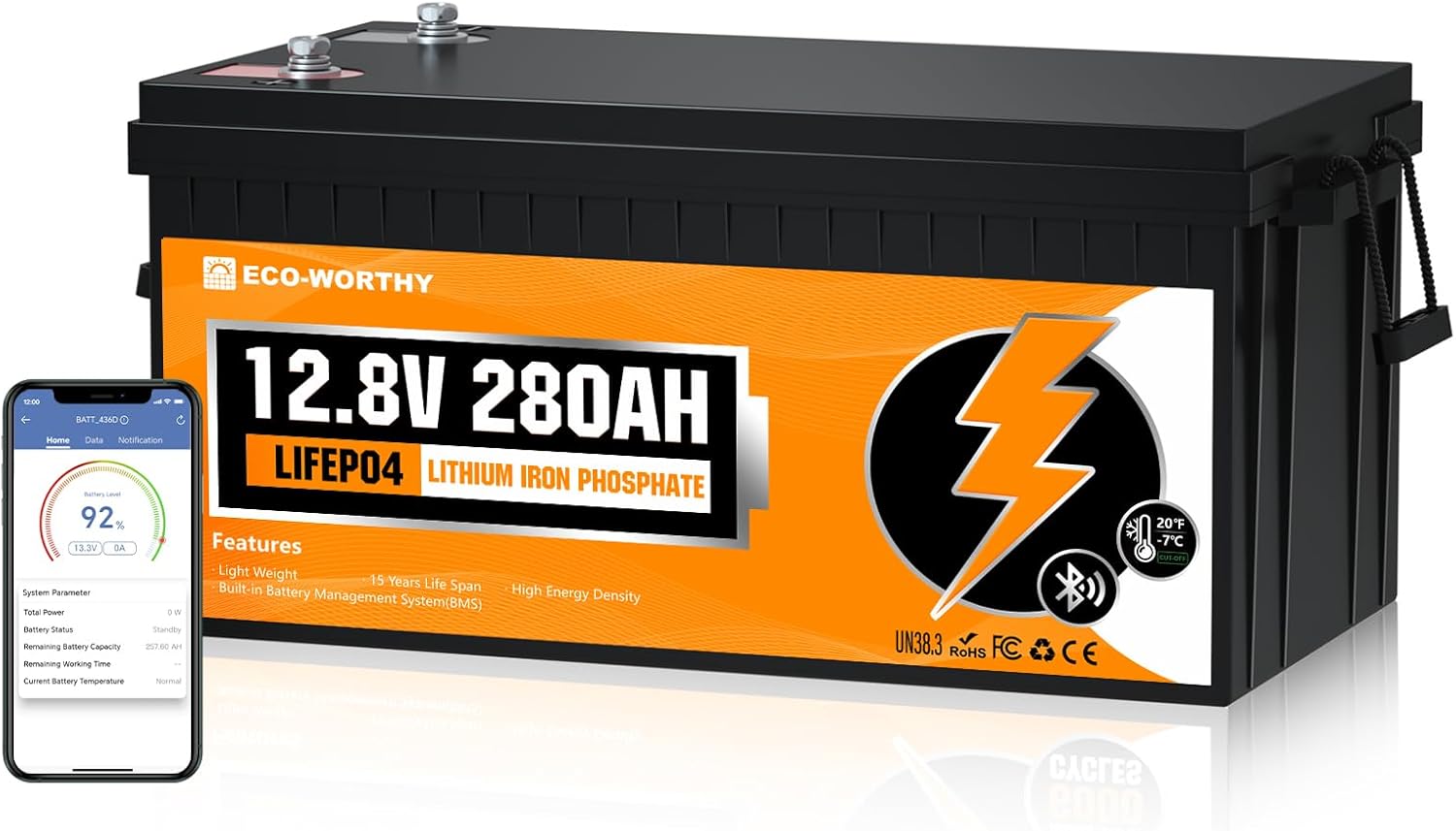 ECO-WORTHY LiFePO4 280Ah Bluetooth, Lithium Batterie 12V 280ah mit BMS Low Temperature Schutz und Max. 15000 Zyklens,3584Wh Autobatterie für Wohnmobil,Boot,Solarpanel