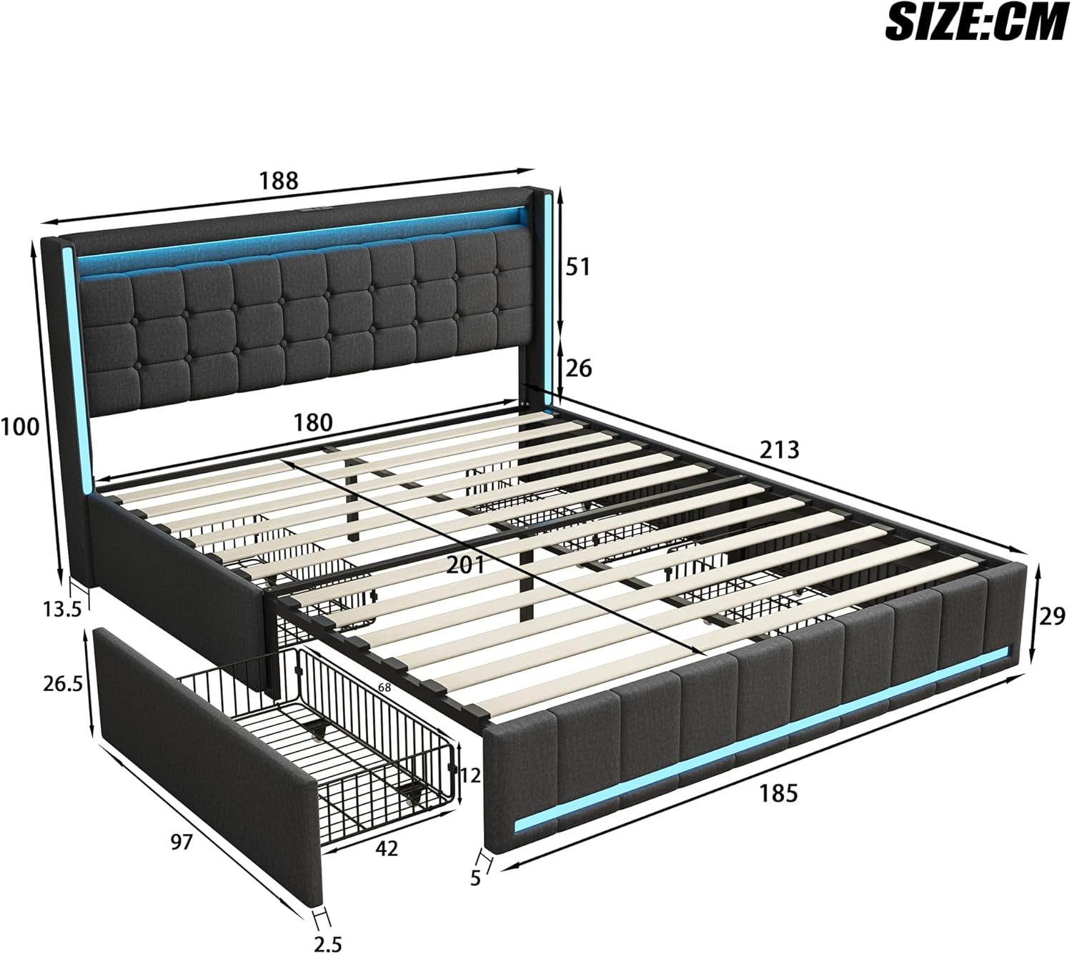 Polsterbett 180x200 mit Stauraum, Doppelbett mit LED und USB, Jugendbett mit 4 Schubladen, Bettgestell mit Kopfteil und Lattenrost, Leinen (Grau, 180 x 200 cm)