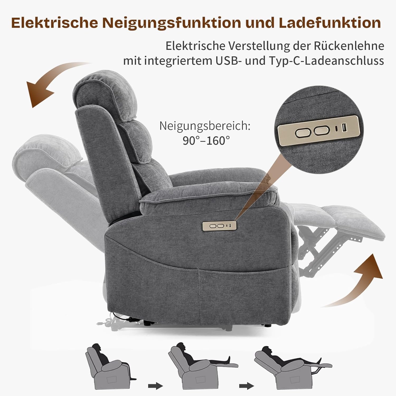 LEADZM Fernsehsessel Relaxsessel mit drahtloser Ladevorrichtung, 1 USB-Anschluss, 1 USB-C-Ladeanschluss, Liegen TV Sessel mit Massage Heizung, Getränkehalter (Dunkelgrau)