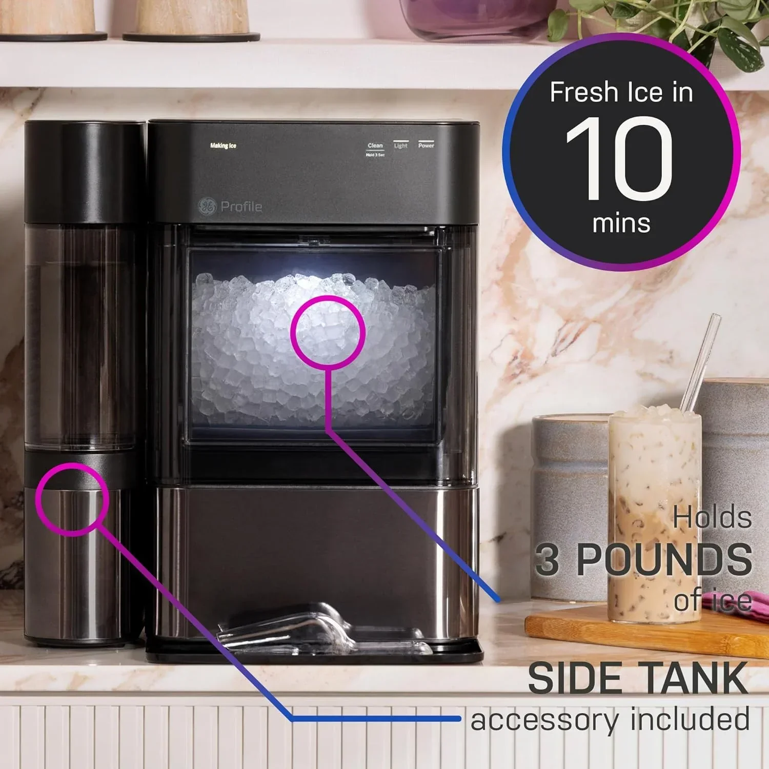 GE Profile Opal 2.0 XL with 1 Gallon Tank, Chewable Crunchable Countertop Nugget Ice Maker, Scoop included, 38 lbs in 24 hours, Pellet Ice Machine with WiFi & Smart Connected, Stainless Steel