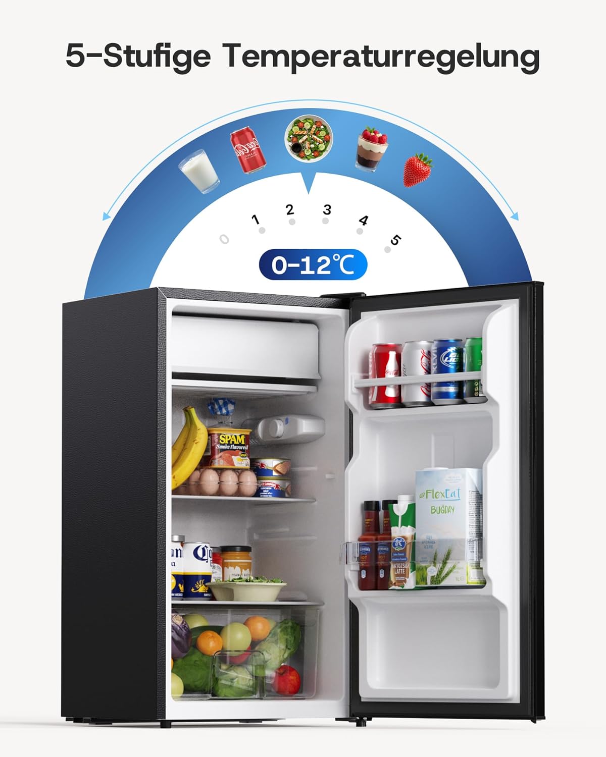 Upstreman 85L Kühlschrank Ohne Gefrierfach, 0-12°C 5-stufige Temperaturregelung, LED-Beleuchtung, 39 dB Leise, Energiesparender Vollraumkühlschrank für Schlafzimmer Büro Küche, CR85-Schwarz
