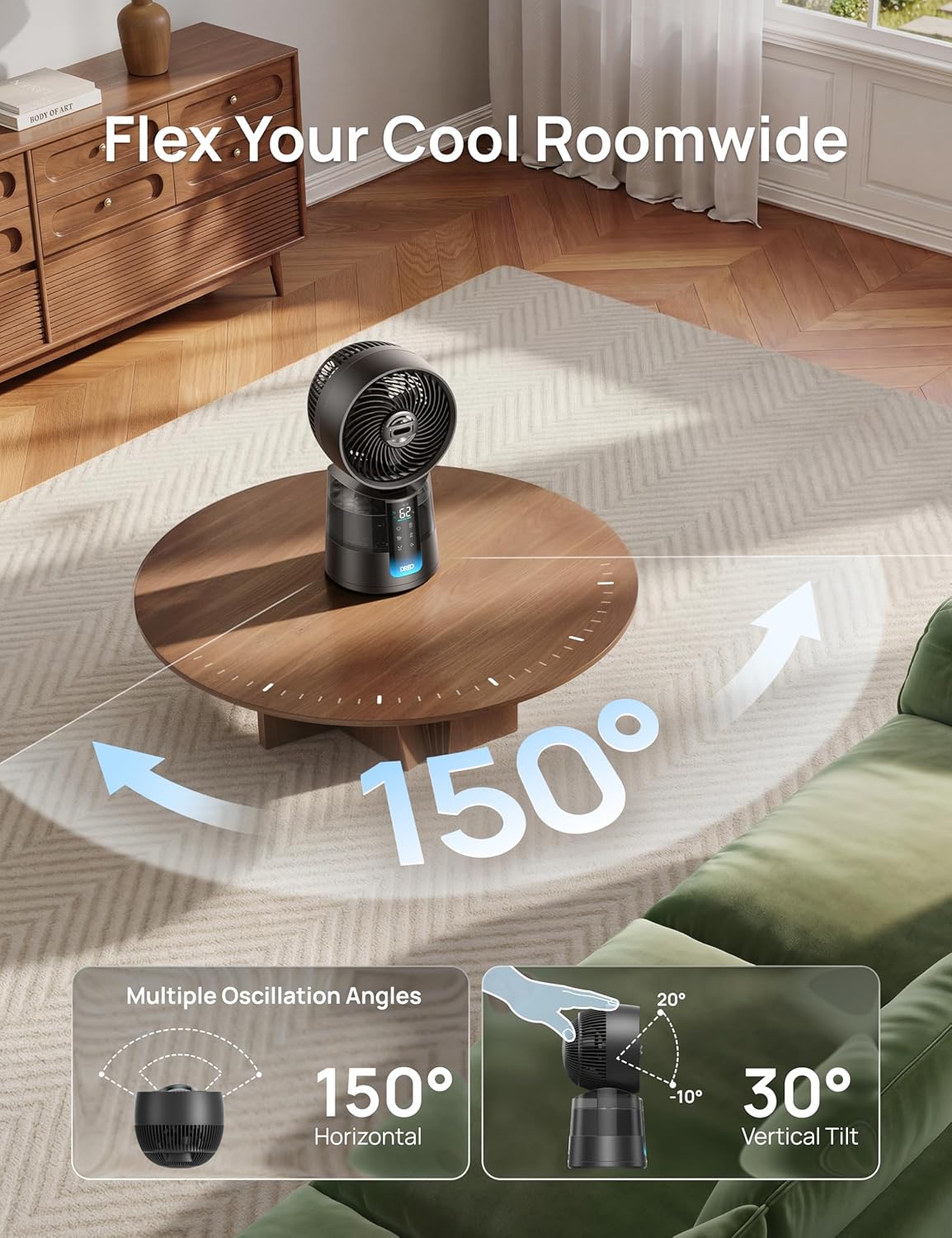 DREO TurboCool Ventilateur brumisateur 516, omnidirectionnel 150° + 30°, ventilateur de refroidissement oscillant qui souffle de l'air froid, vent de 7,9 m/s, brume ultrafine, 20 dB, réservoir de 1,3