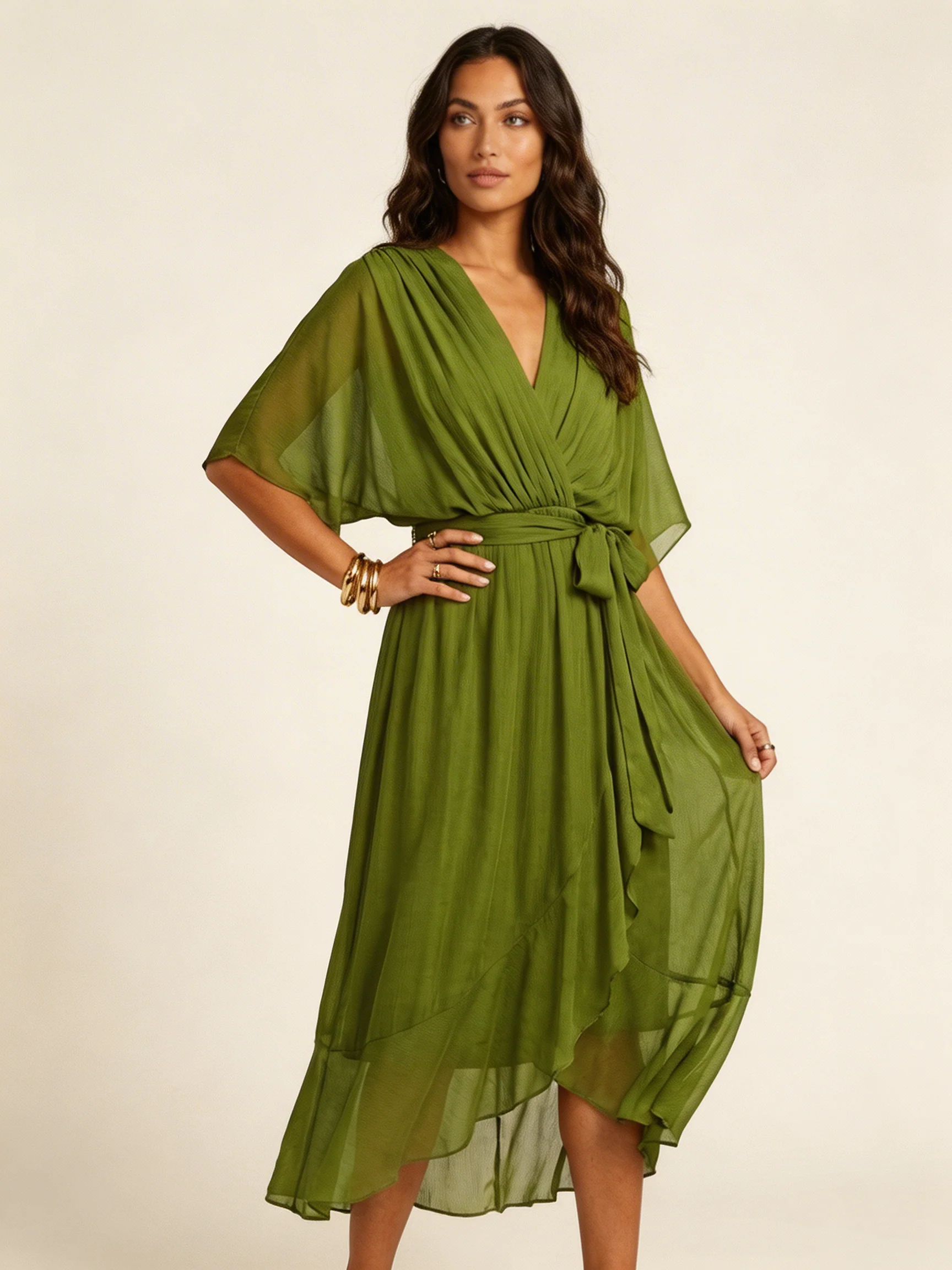 Damen Midi-Wickelkleid mit V-Ausschnitt | Flie?endes Kleid mit Bindeg��rtel und asymmetrischem Saum f��r Freizeit und Anl?sse