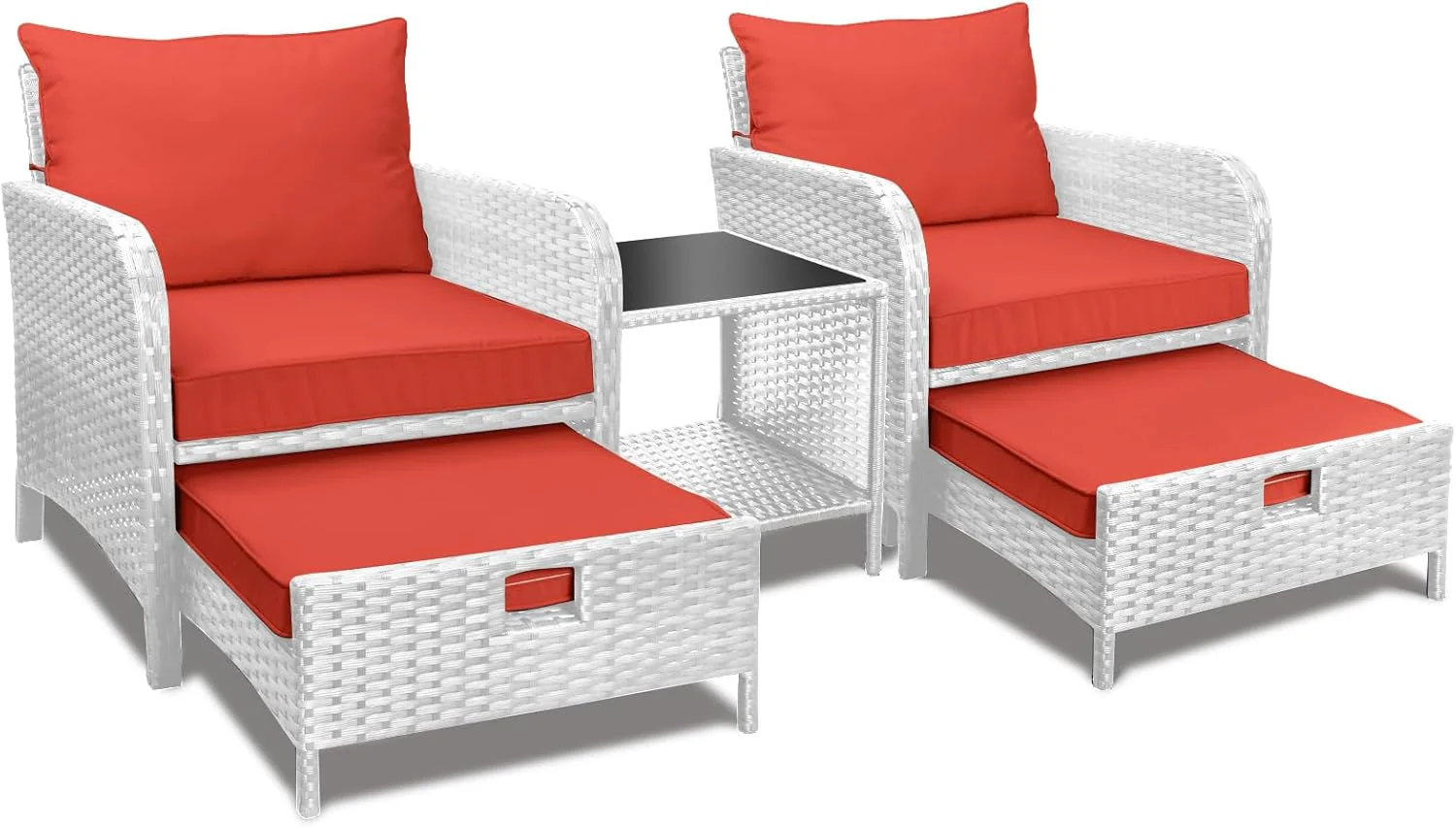 LEVELEVE Balcony Furniture 5 Piece Patio Conversation Set. PE Wicker Rattan Outdoor Lounge Chairs with Soft Cushions 2 Ottoman&Glass Table for Porch. Lawn-Brown Wicker