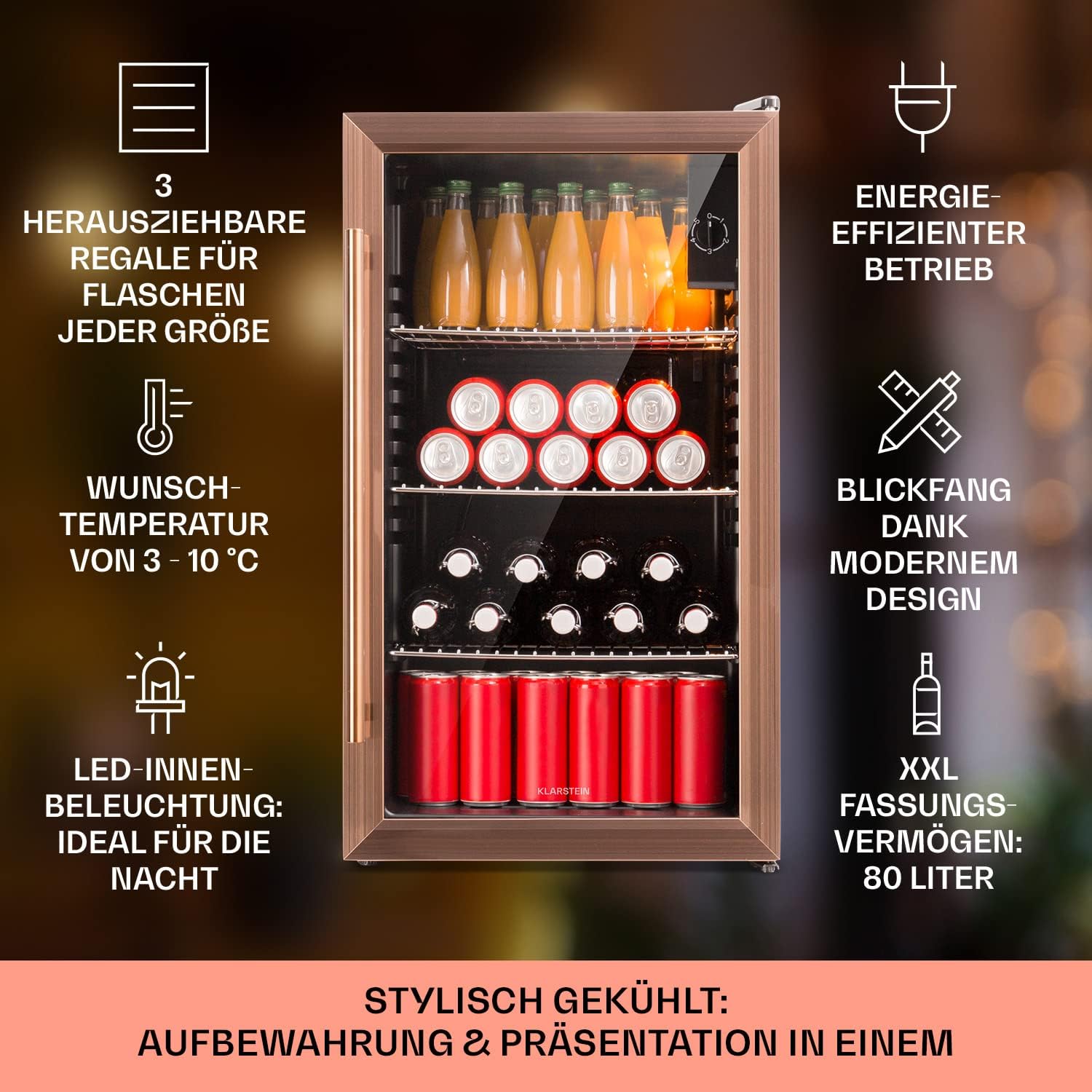 Klarstein XXL Mini Kühlschrank mit Glastür & LED, für Zimmer, Getränkekühlschrank Klein mit 3 Ablagen, 80L, Indoor/Outdoor, Leise & Wetterfest, 3-10°C