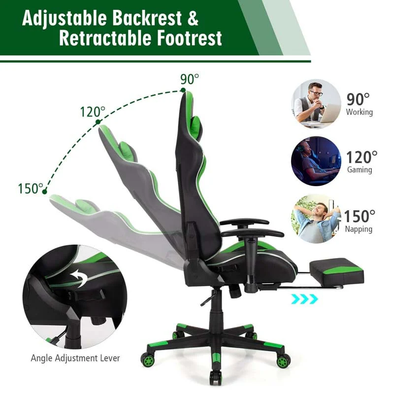 Led Massage Gaming Chair Height Adjustable Racing Computer Office Chair With Footrest Ergonomic High Back Pu Swivel Game Chair - Comfortable And Ergonomic Design