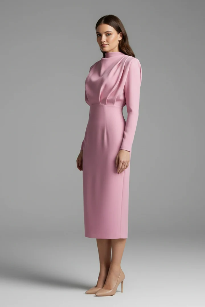 Damenkleid mit hohem Ausschnitt und langen ?rmeln