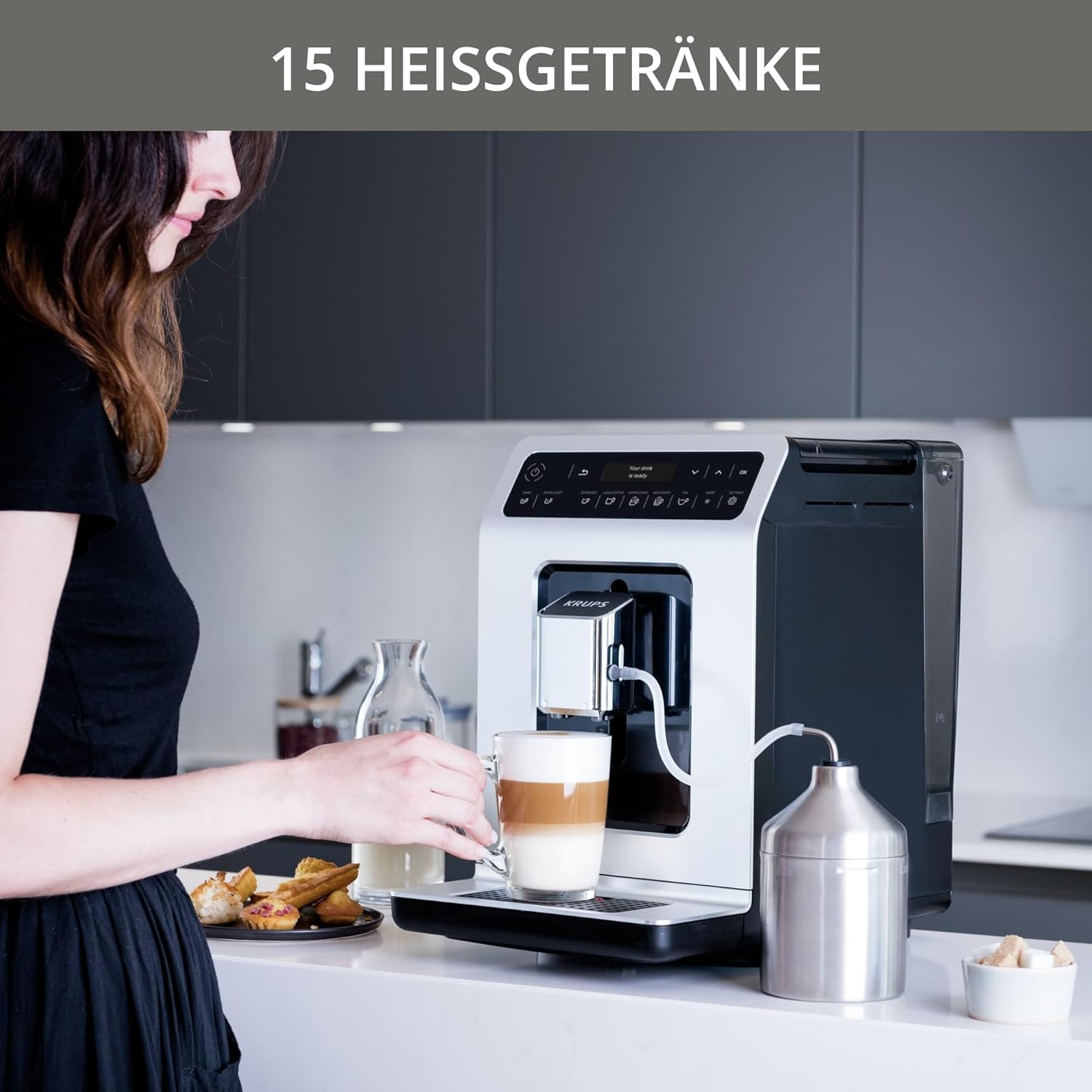 Krups Evidence Kaffeevollautomat mit Milchschaumdüse & 2-Tassen-Funktion, für Espresso, Cappuccino & Latte Macchiato mit cremigem Milchschaum & automatischer Reinigung, Silber/Schwarz, EA891D10