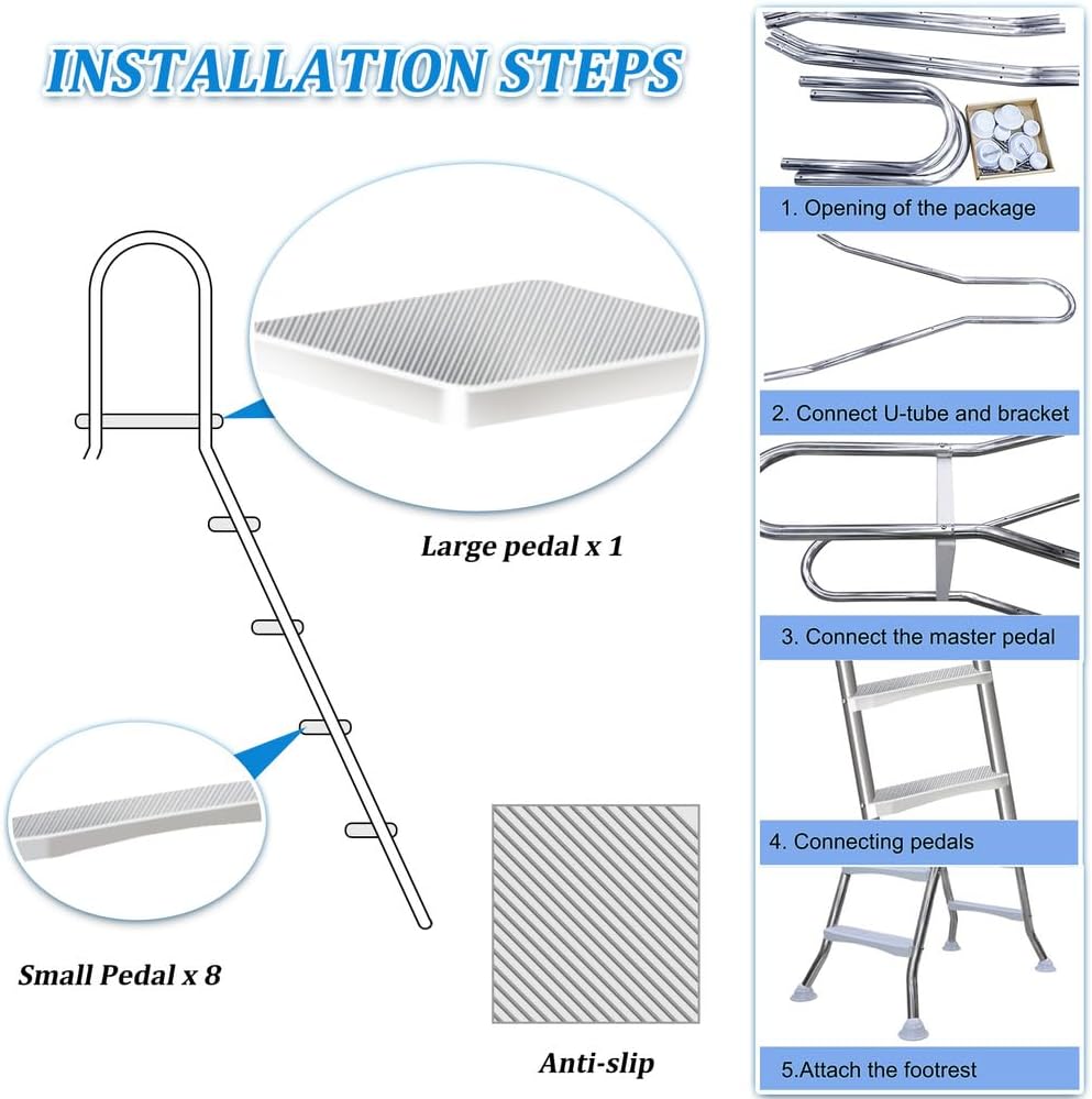 4 Stufige Poolleiter Edelstahl, Pooltreppe für Aufstellpool, Poolleiter 132 cm Poolhöhe, Pool Treppe, Poolstufen für Aufstellpools, Schwimmbadleiter Poolleitern 250 kg Tragkraft