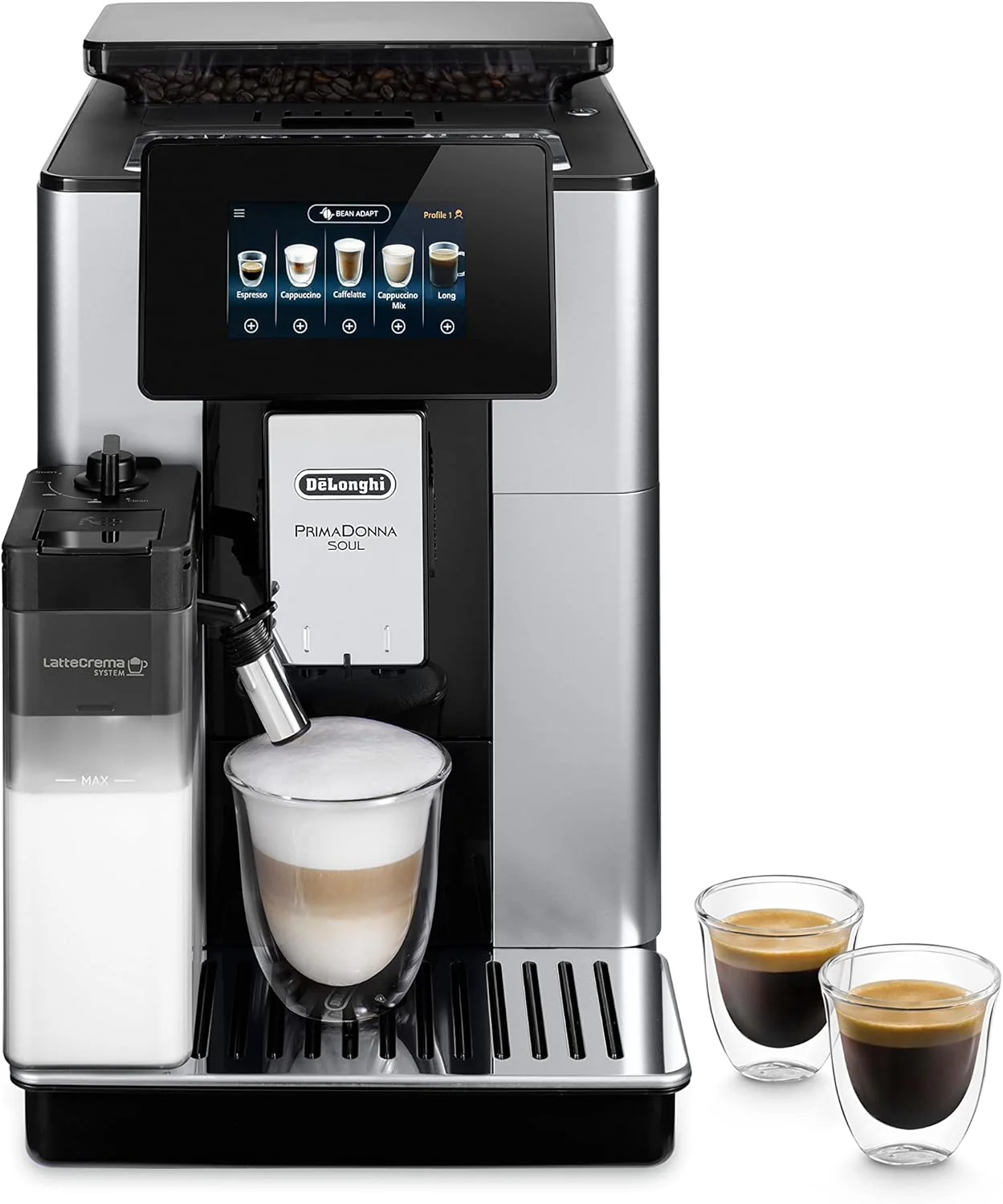 De'Longhi PrimaDonna Soul Perfetto ECAM 612.55.SB volautomatische koffiemachine met LatteCrema-melksysteem en Bean Adapt-technologie, 18 recepten, met kleurendisplay-app-besturing, zilver/zwart