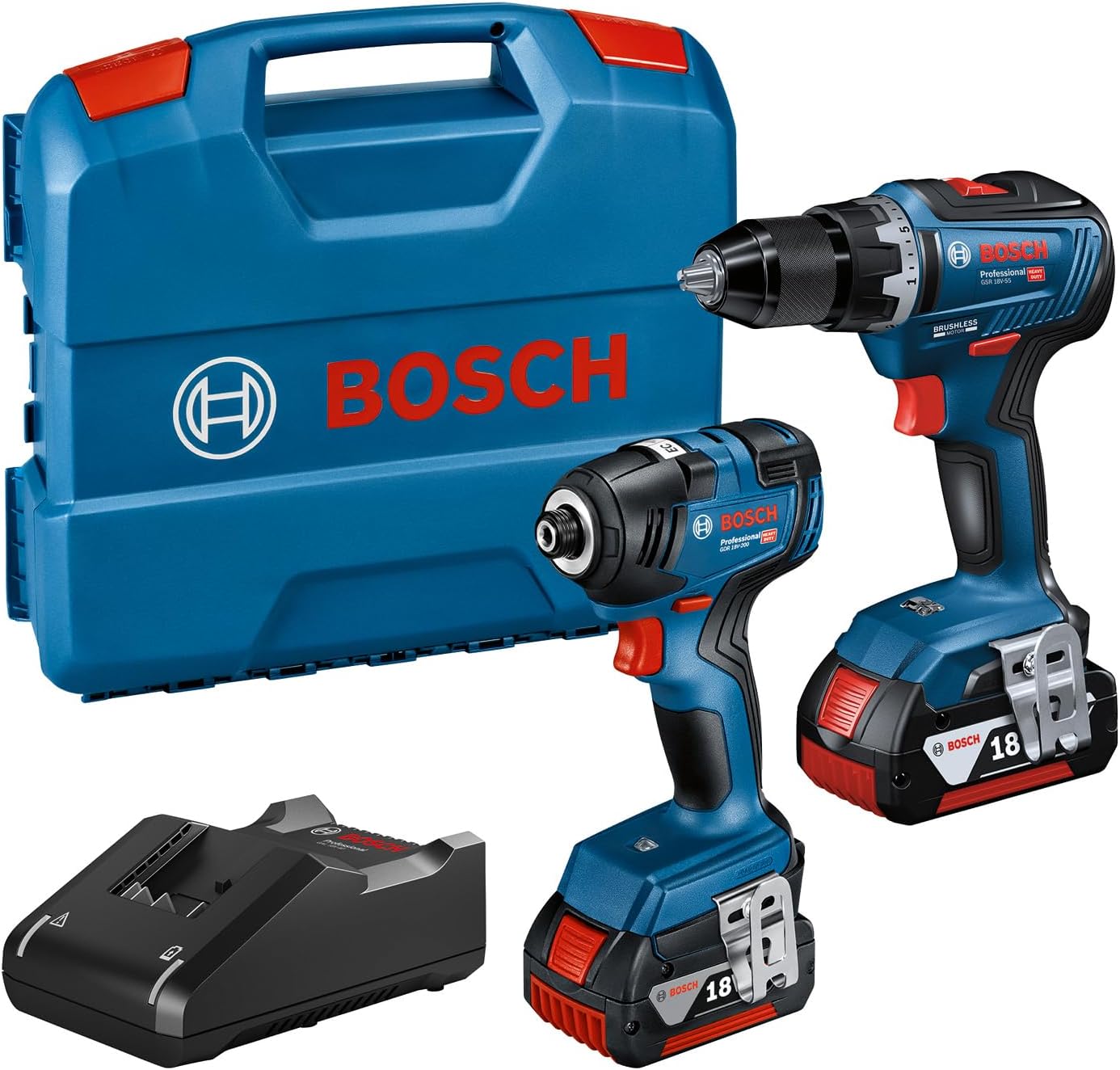 Bosch Professional 18V System Combo Kit: Akku Drehschlagschrauber GDR 18V-200 + Akku Bohrschrauber GSR 18V-55 (inkl. 2x 4.0Ah Akku, Schnellladegerät GAL 18V-40, L-Case)