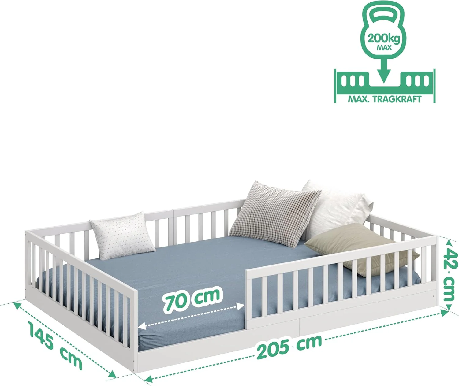 CADANI Timi 2-in-1 Vloerbed 140x200 cm Montessori Kinderbed met uitneembare valbeveiliging incl. lattenbodem, massief grenenhout, wit - 3 opbouwmogelijkheden, belastbaar tot 200 kg, ombouwbaar