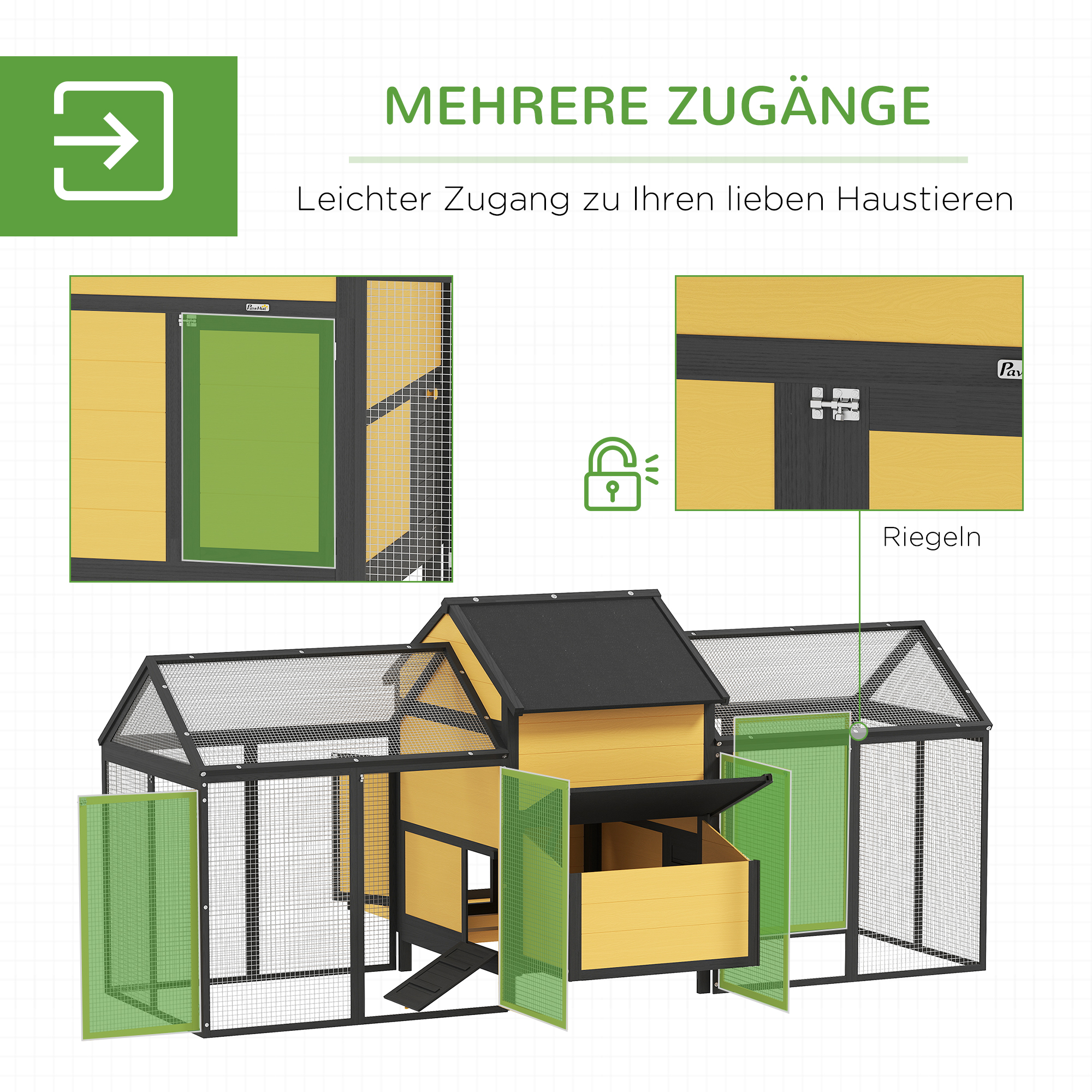 Kippenhok Kleindierenhok 2 Buitenrennen, 1 Legnest, 2 Hellingen, Asfaltdak, Weerbestendig, Geel