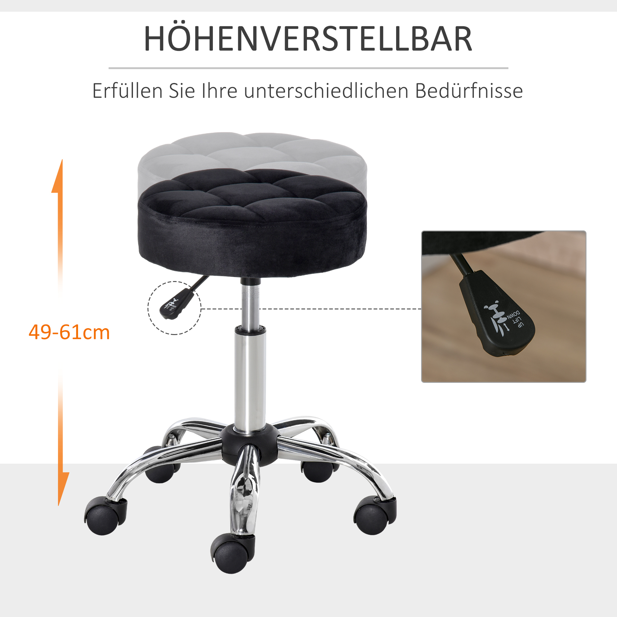 Salonkruk, in hoogte verstelbaar, met fluweelachtige bekleding, ?35 x 49-61 cm, Zwart