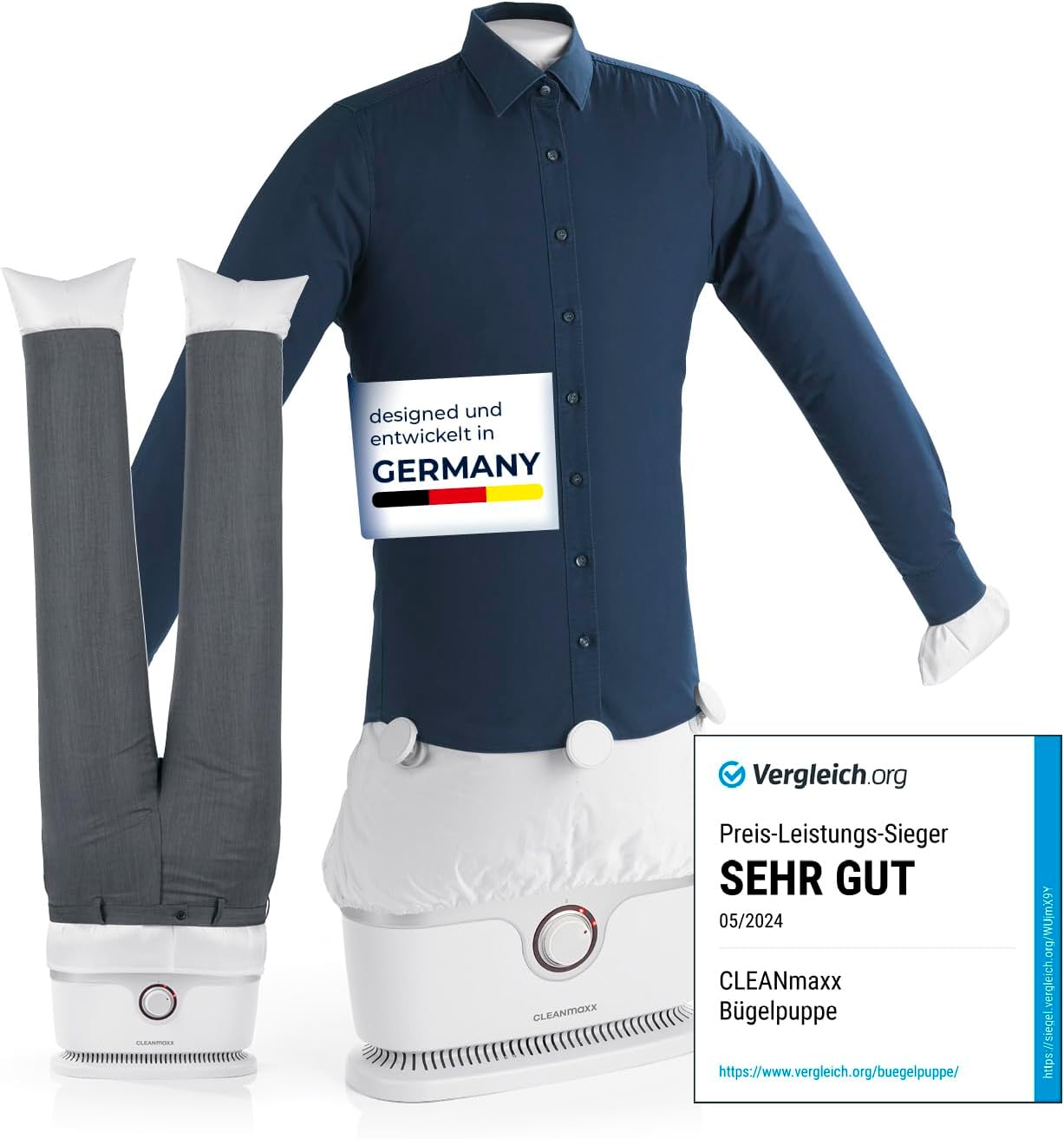 CLEANmaxx Automatischer Hemden-Bügler zum Trocknen und Gltten von Hemden & Blusen inklusive Aufsatz für Hosen | Die innovative und schonende Art, Ihre Wsche zu gltten