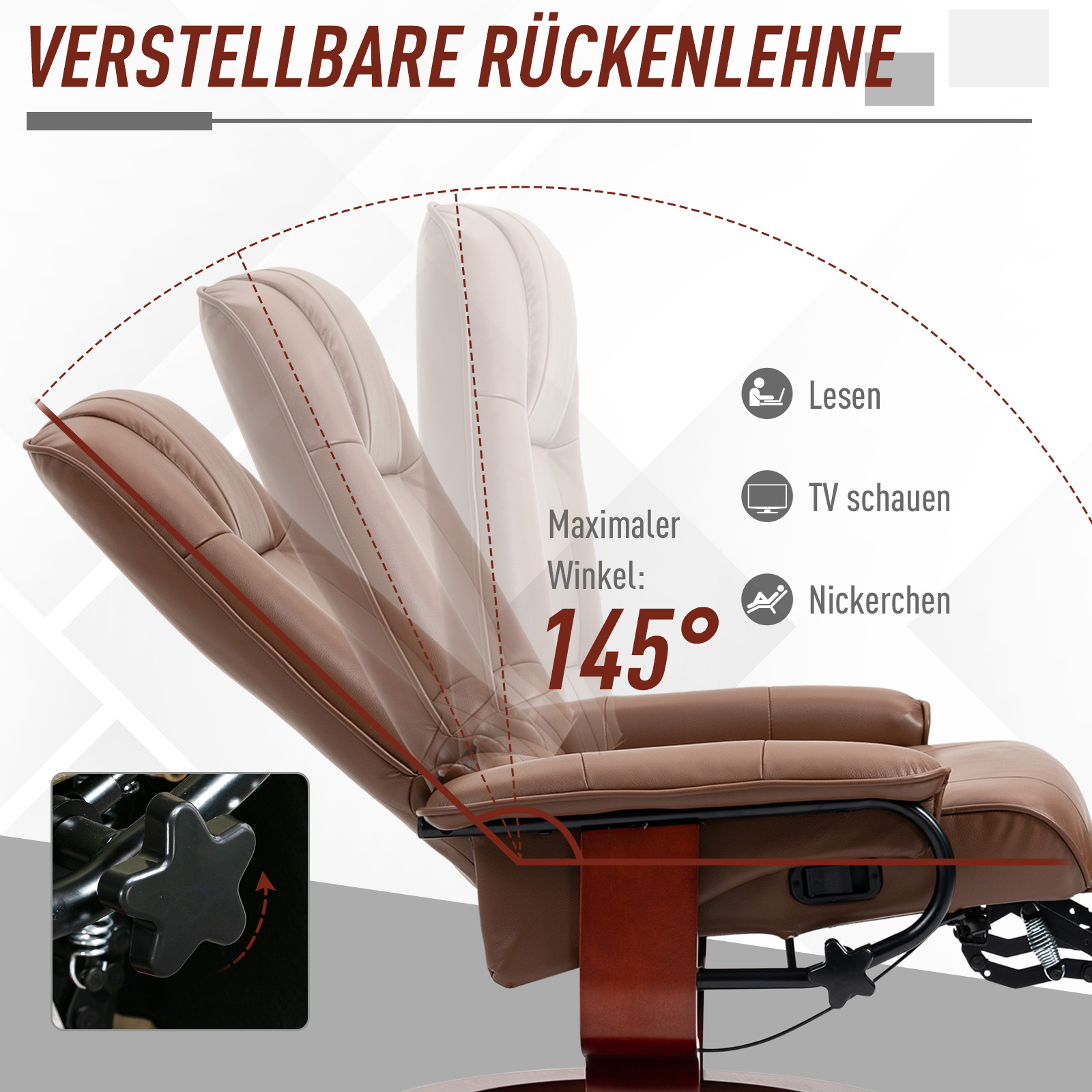 Relaxstoel, 145�� kantelbaar, Verstelbare Voetensteun, Kunstleder, 360�� Draaibaar, tot 120 kg, Bruin