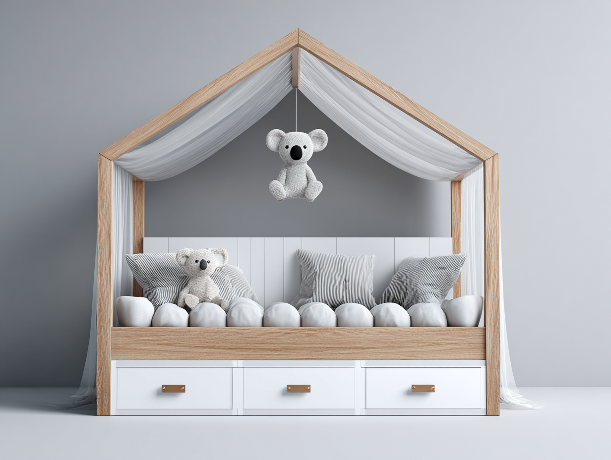 Hausbett-Holzrahmen-170x90x155cm-Natur-Weiß-Vorhang-Schubladen-Hausdesign