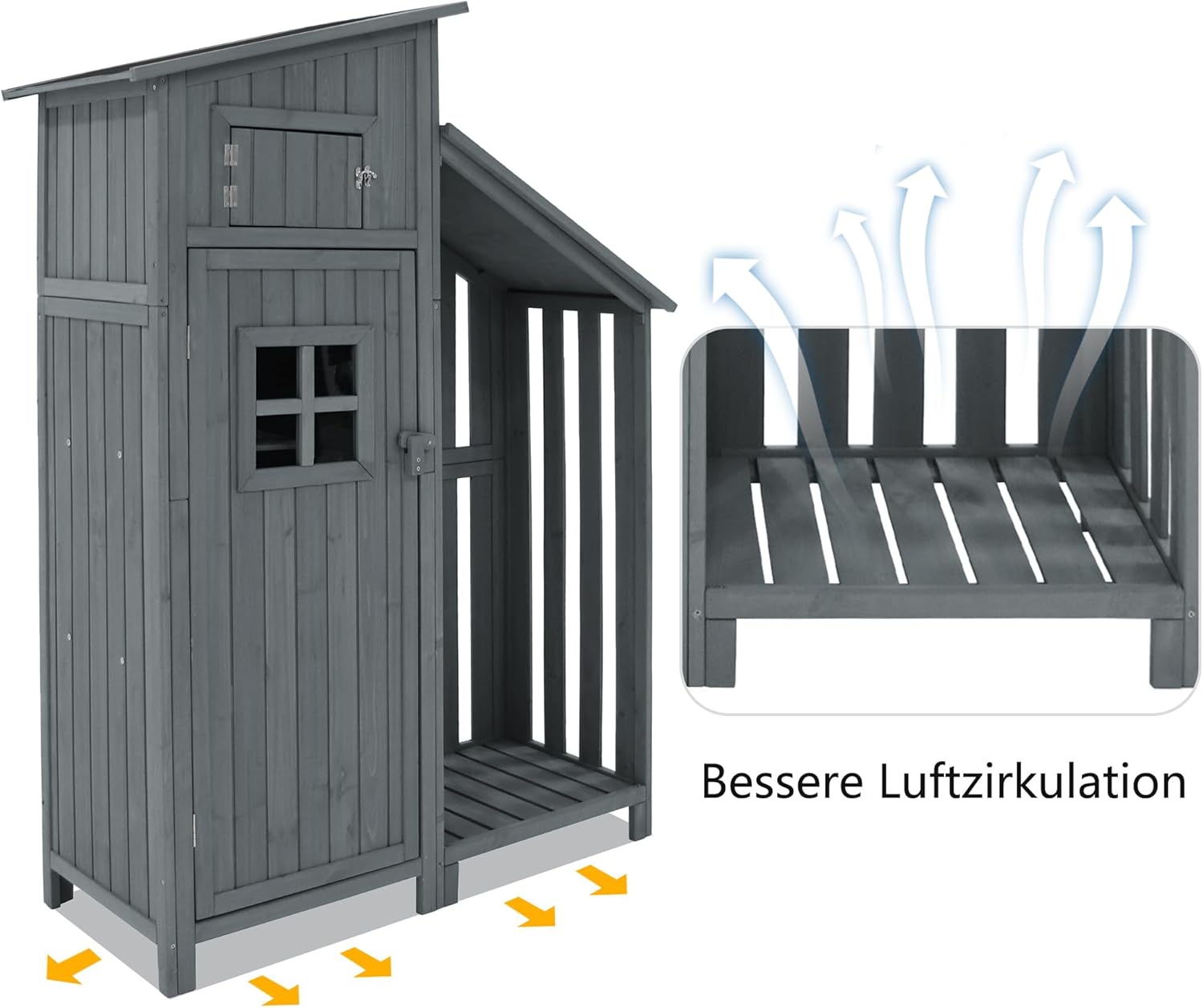 Su & Chan Legence Holzgerätehaus mit großem Stauraum, wetterfester Geräteschuppen mit Zwei Ablagen, vielseitiger Gartenschrank für Werkzeuge und mehr, 124 x 46 x 174 cm, Grau