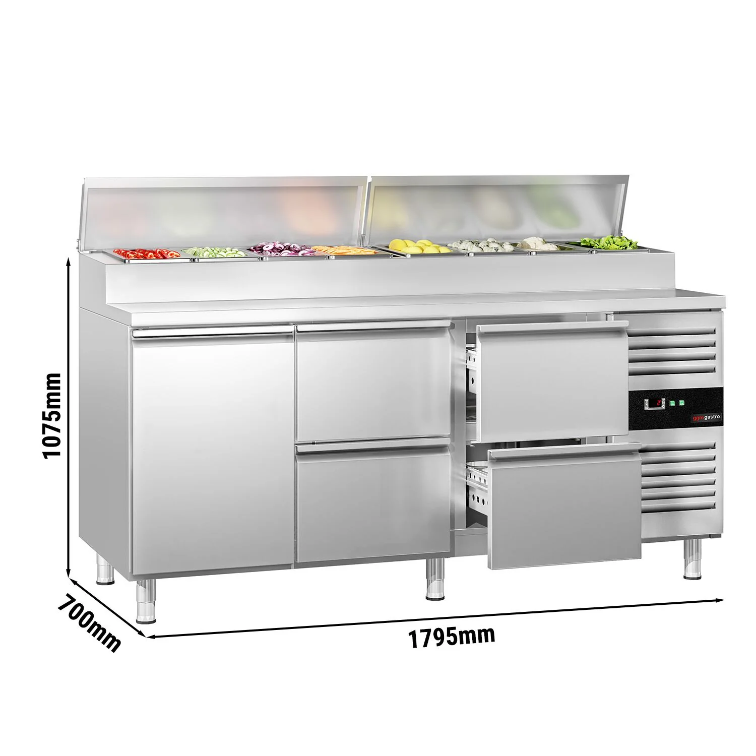 Saladette PREMIUM - 1795x700 mm - 1 dør og 4 skuffer - med lokk - for 8x GN 1/3 beholdere