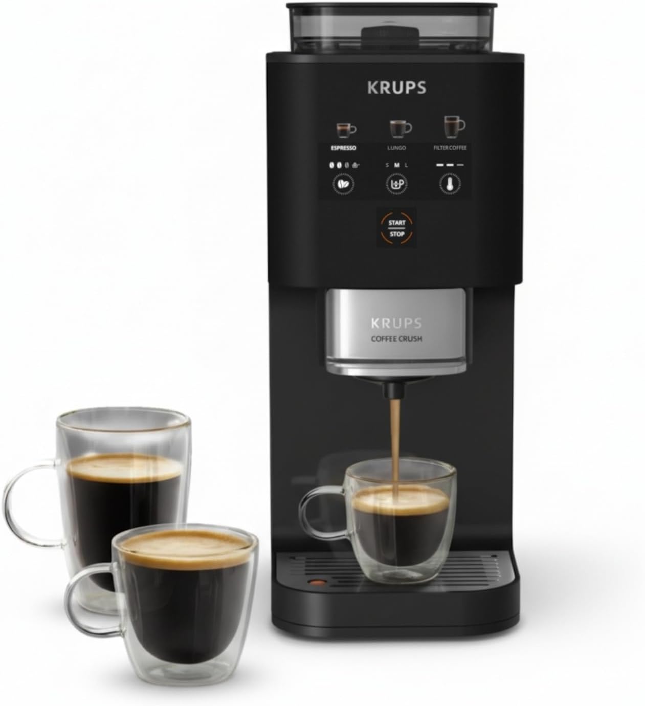 Krups Coffee Crush Extra Kaffeevollautomat, Edelstahlmühle für frisch gemahlenen Kaffee, nur 15 cm breit, smartes Bedienfeld, auch für vorgemahlenen Kaffee, einfache Reinigung, Schwarz, SA4028E0