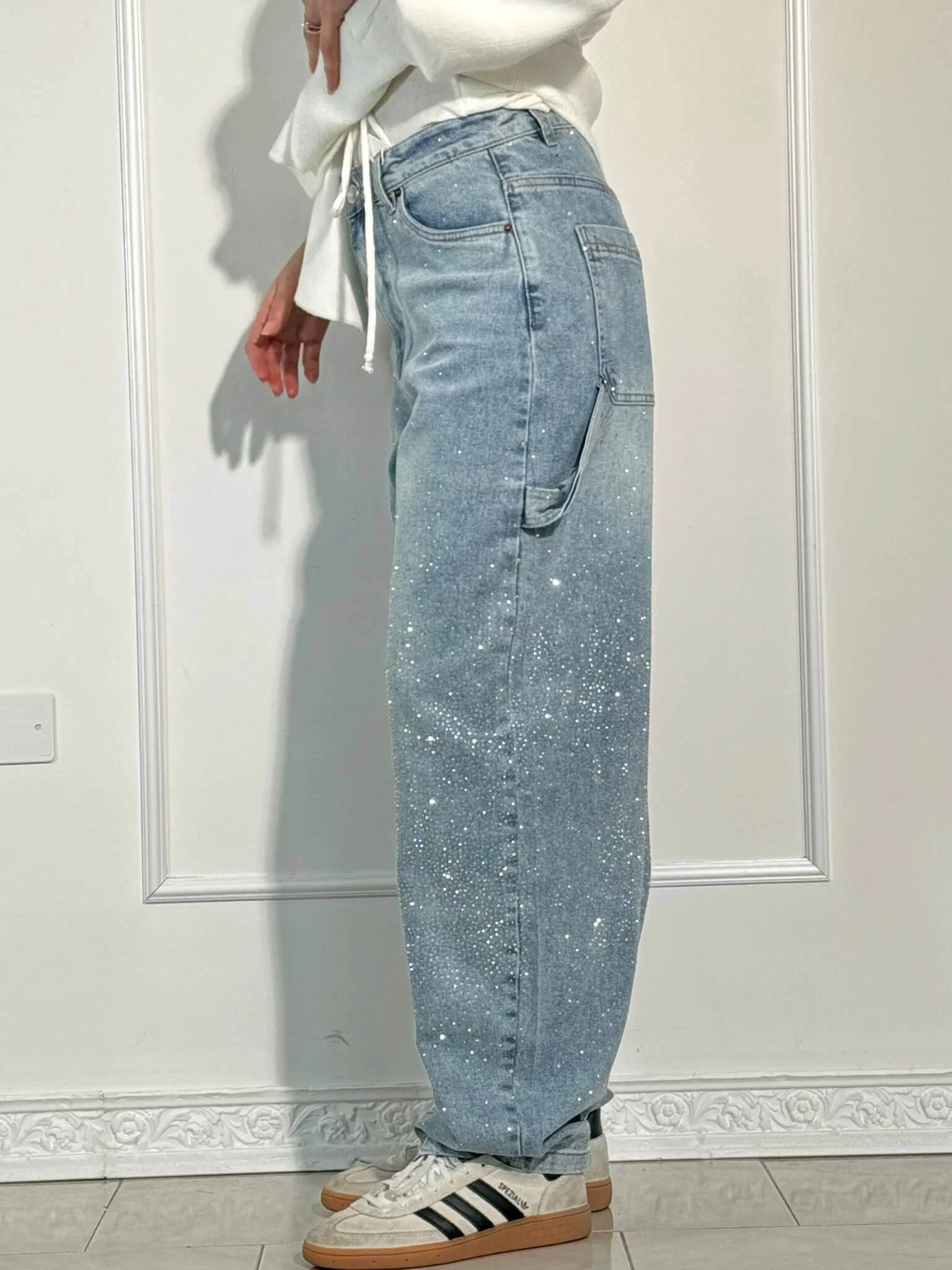 Damen Baggy Jeans mit Glitzer-Applikationen | Weite Wide Leg Denim Hose im Balloon-Schnitt | Bequeme Damenjeans aus Baumwolle