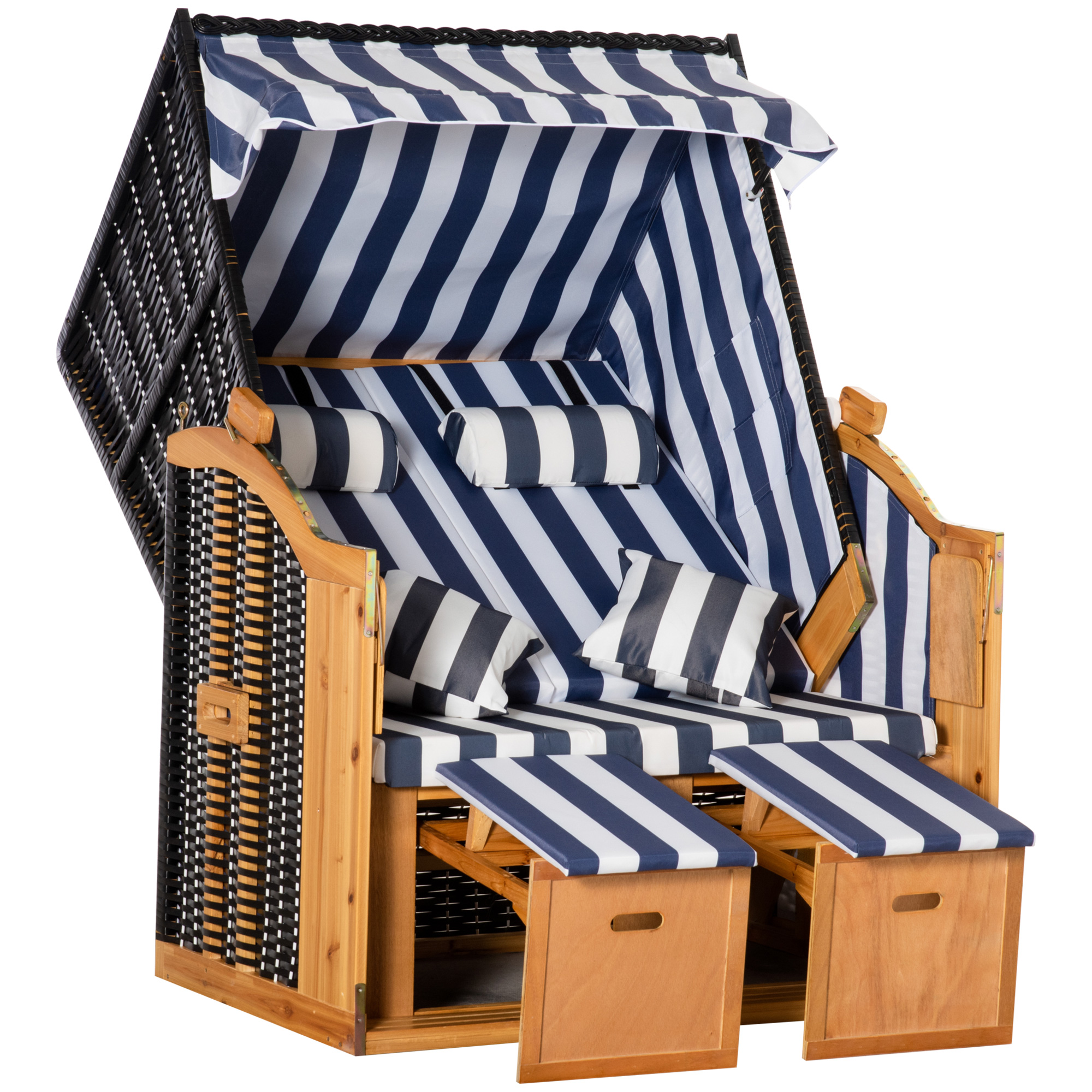 Outsunny strandstoel met dak rotan look klaptafel blauw 118 x 79 x 150 cm