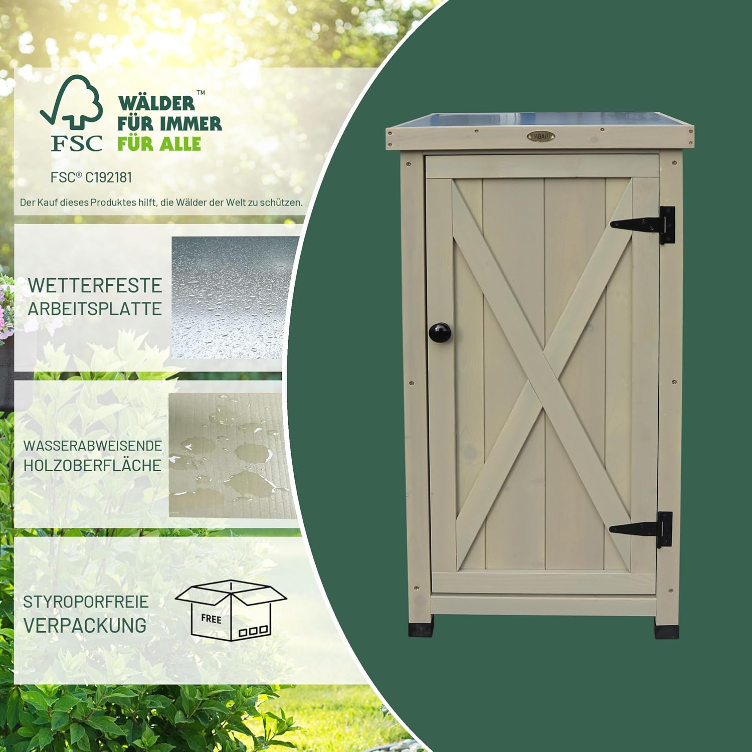 HABAU Gartenschrank Kompakt mit Arbeitsplatte, wetterfest in Grau lasiert, aus zertifiziertem Massivholz, ideal für Garten, Balkon und Terrasse, 45 x 45 x 91 cm