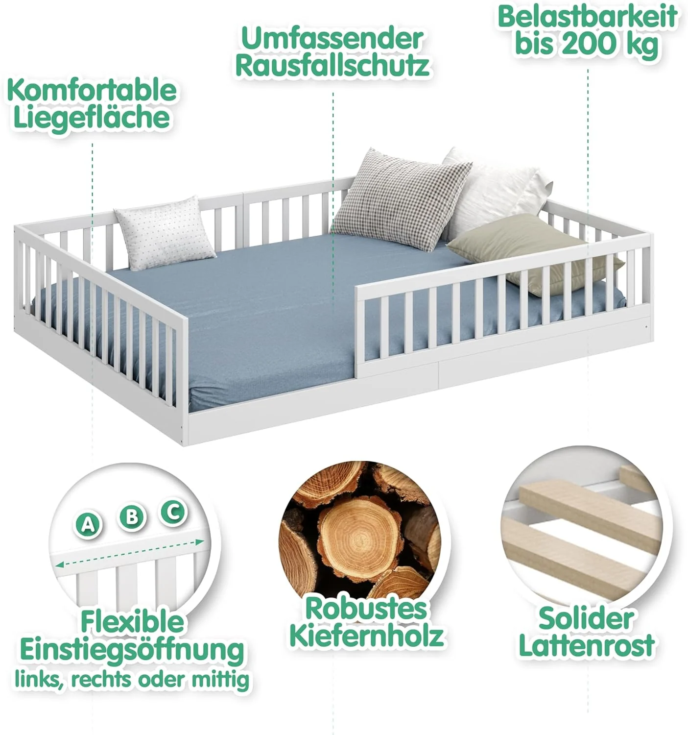 CADANI Timi 2-in-1 Vloerbed 140x200 cm Montessori Kinderbed met uitneembare valbeveiliging incl. lattenbodem, massief grenenhout, wit - 3 opbouwmogelijkheden, belastbaar tot 200 kg, ombouwbaar